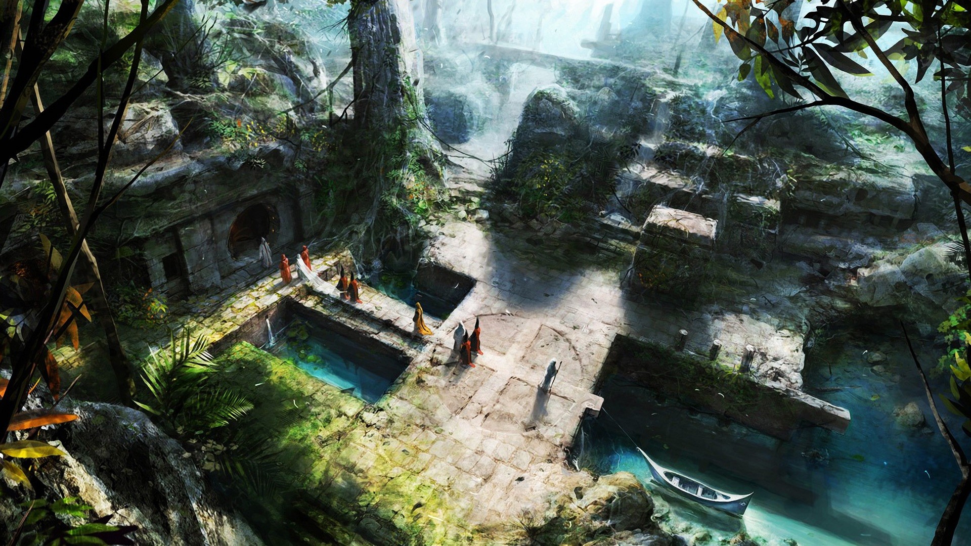 Fantasy jungle ruins with people and a boat HD Wallpaper
