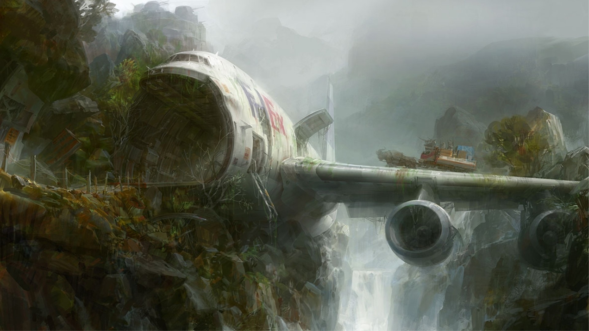 FedEx airplane wreck in a misty jungle HD Wallpaper