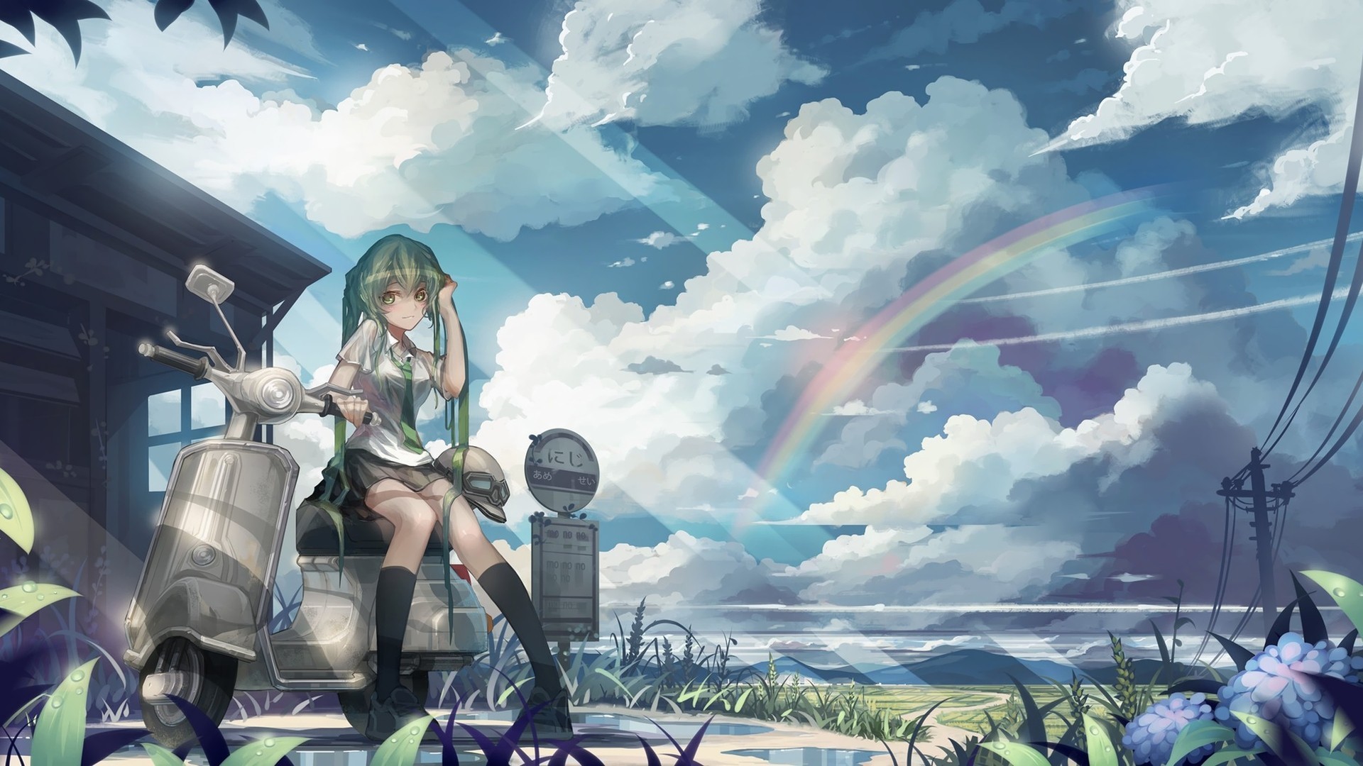Anime girl with green hair on a scooter under a rainbow HD Wallpaper