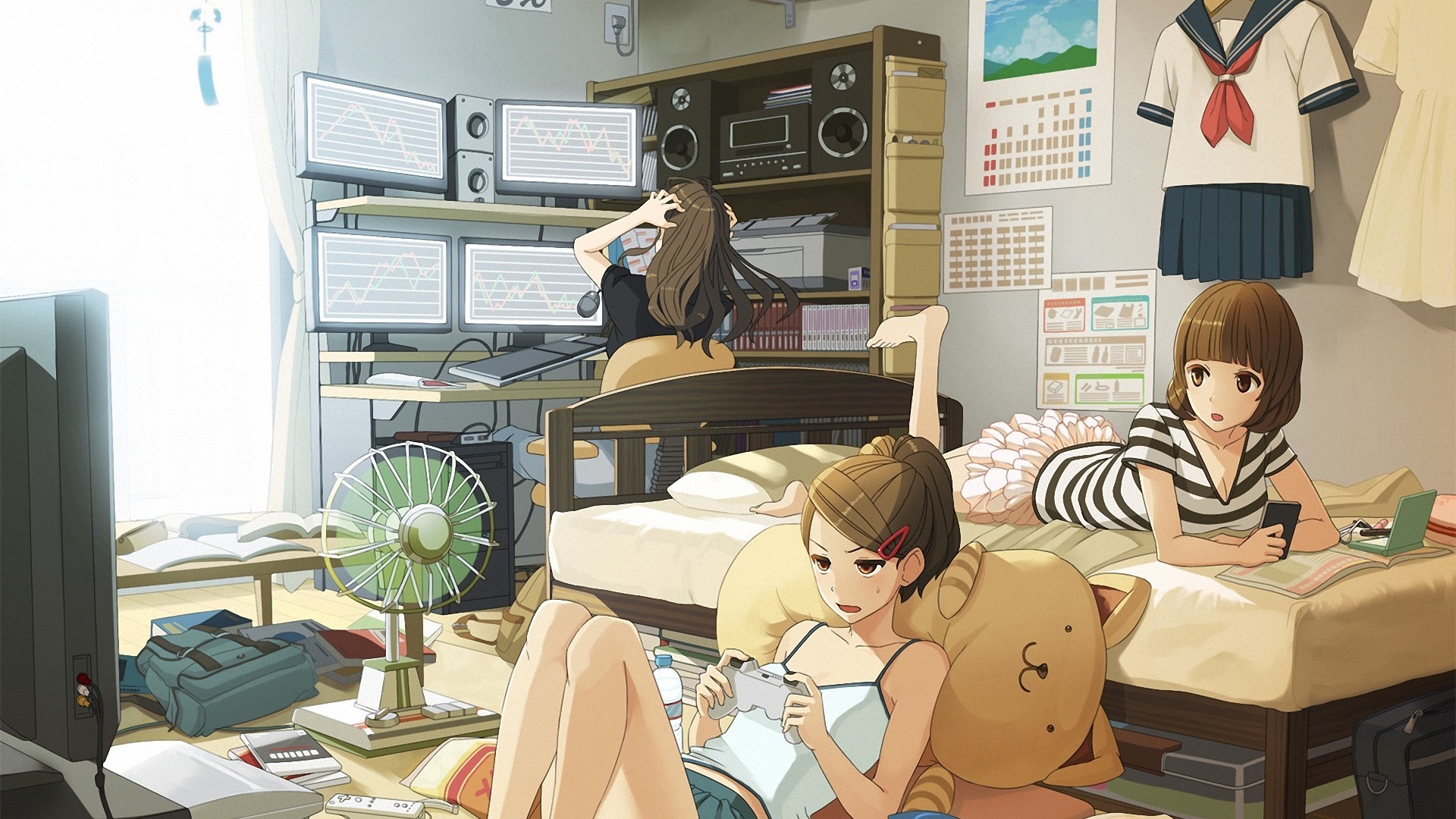 Anime girls playing video games in a cluttered bedroom HD Wallpaper