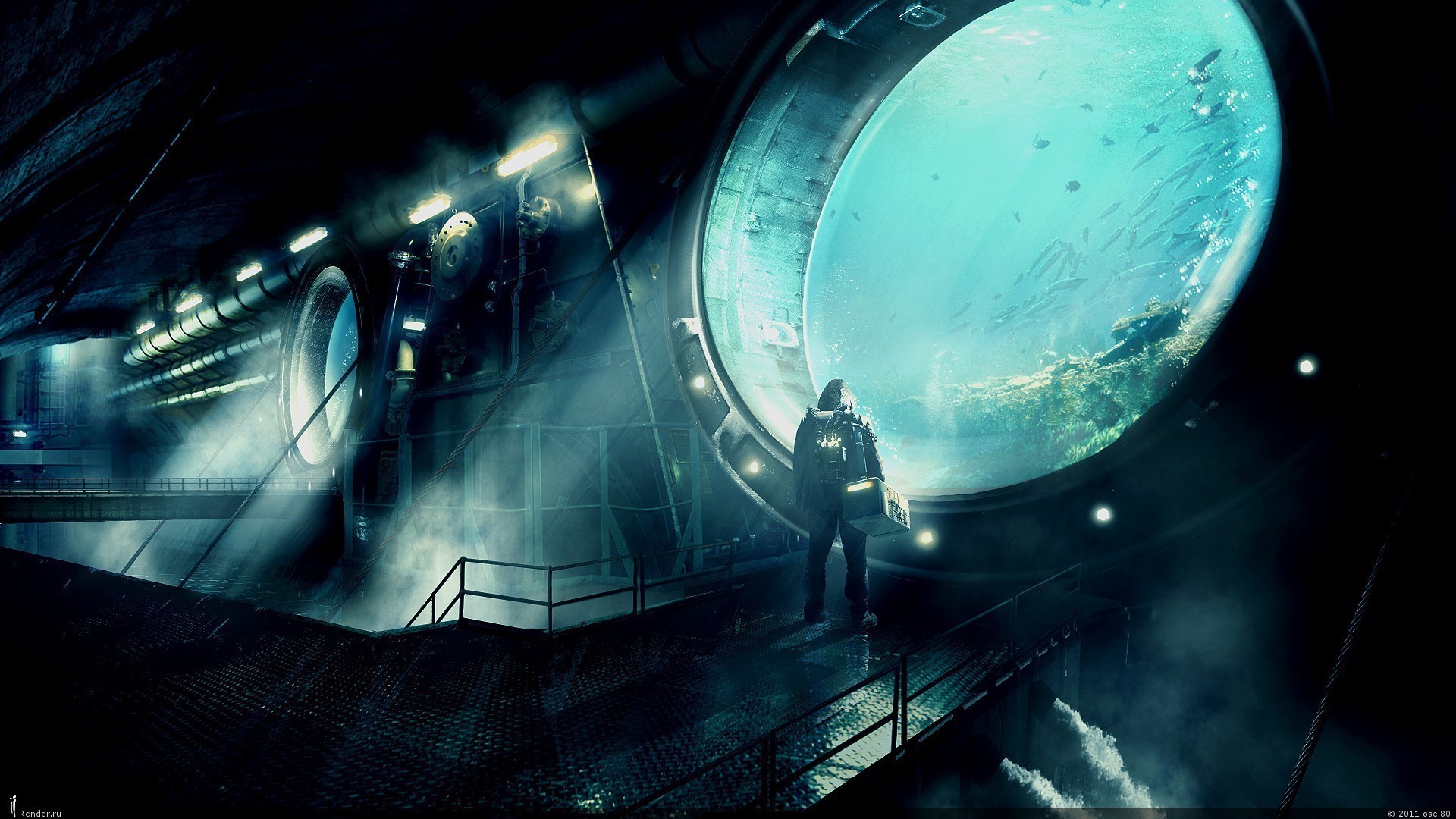 Futuristic underwater facility with a person observing fish HD Wallpaper