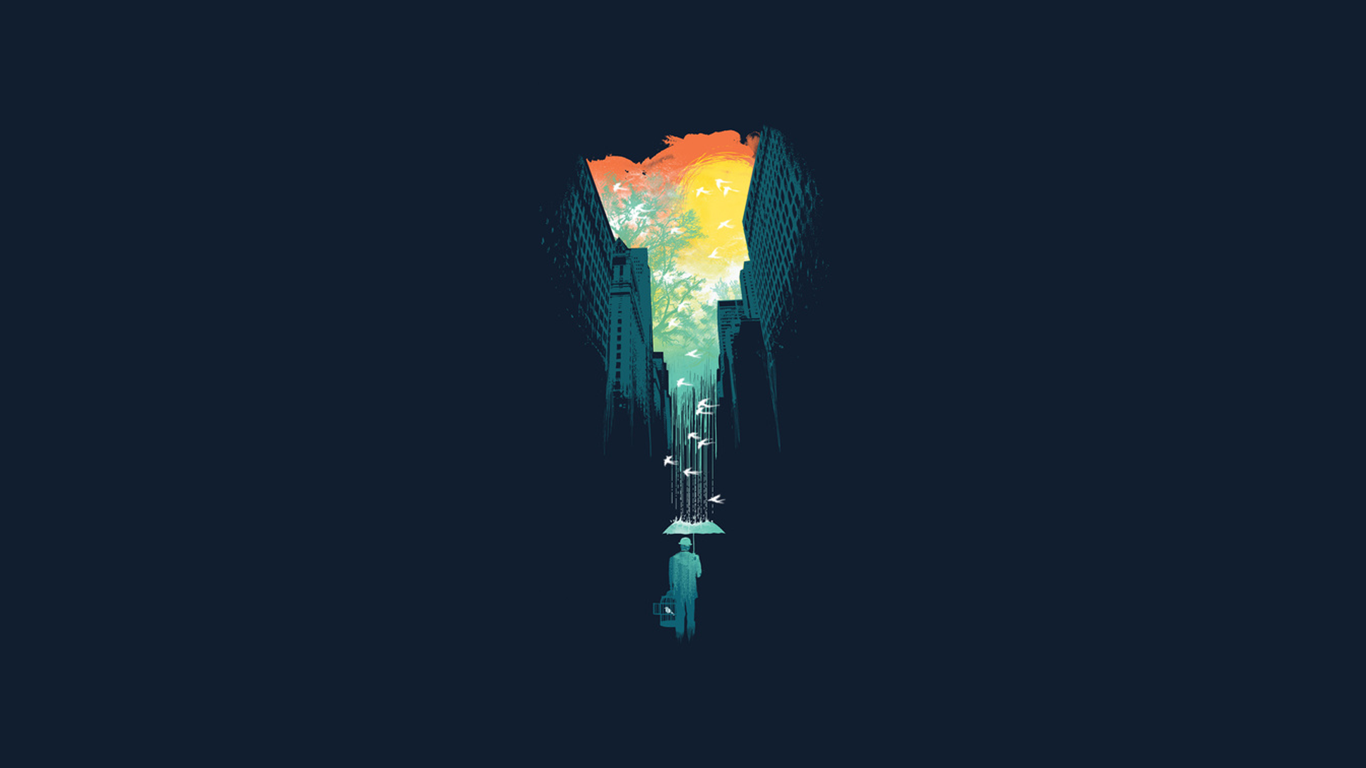 Minimalist cityscape with birds flying from an umbrella HD Wallpaper