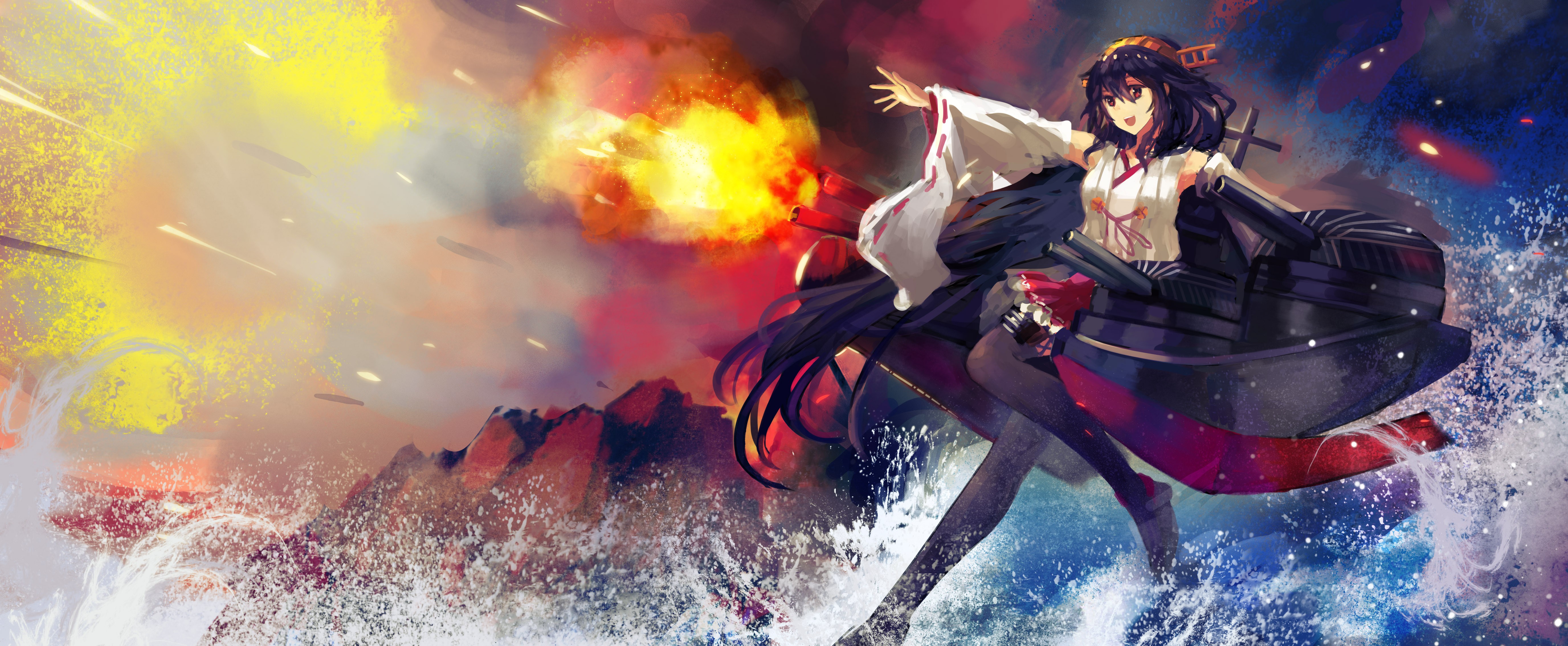 Haruna (KanColle) firing cannons in the ocean HD Wallpaper