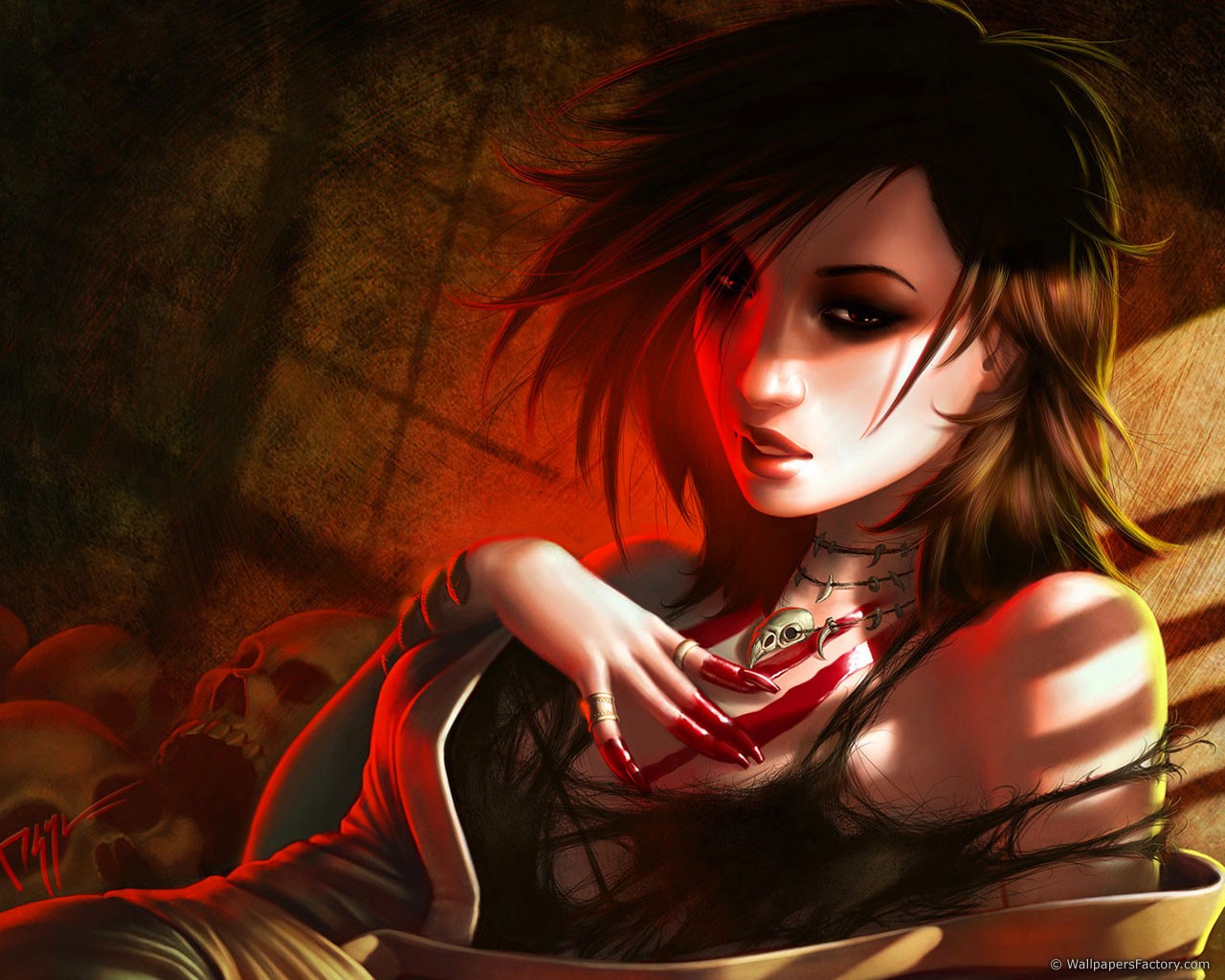 Fantasy girl with skulls and bird skull necklace HD Wallpaper