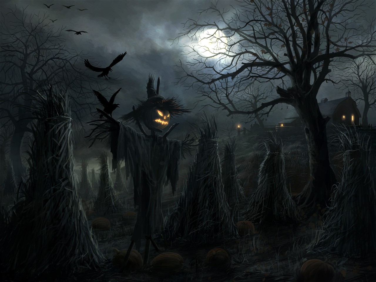 Halloween night with scarecrows and ravens HD Wallpaper