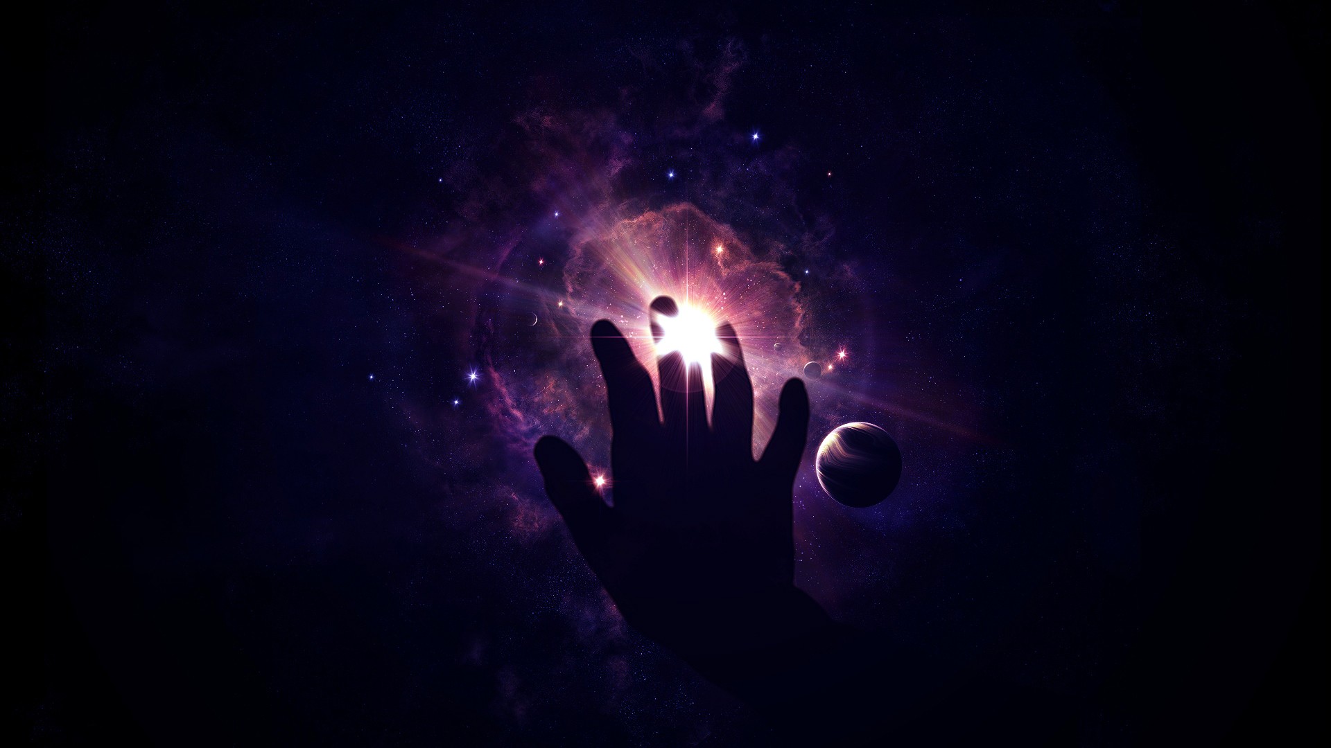 Silhouette hand reaching for a bright star in the universe HD Wallpaper