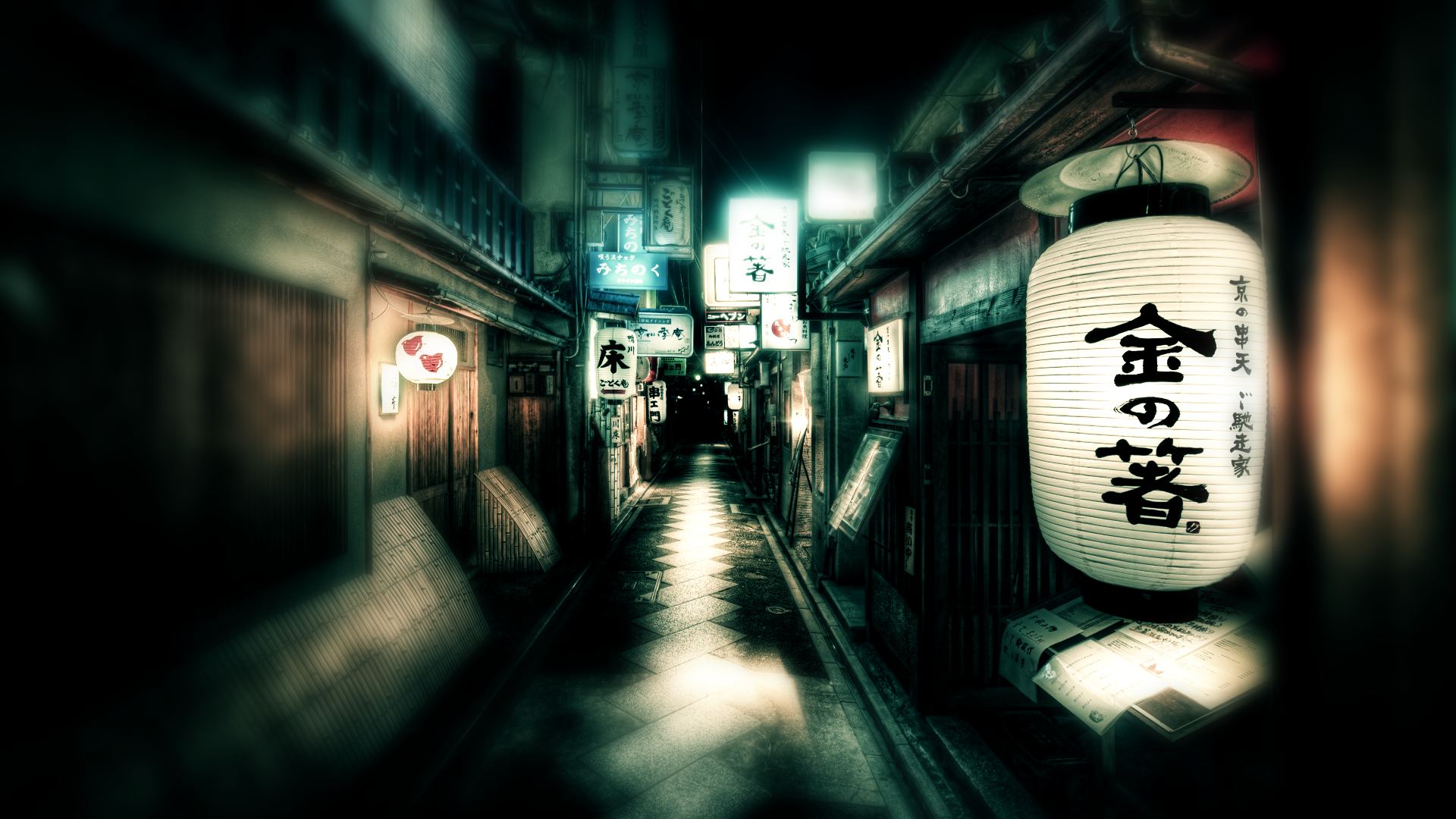 Japanese street with Kanji signs and lanterns HD Wallpaper