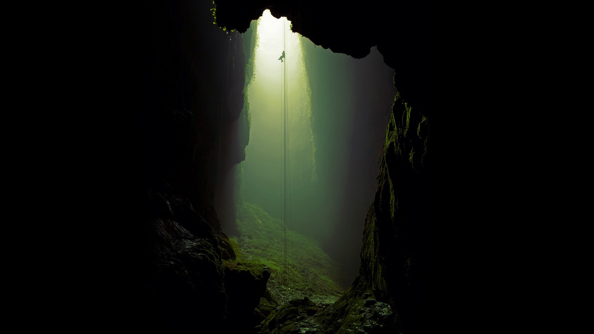 Person rappelling down into a lush, misty cave HD Wallpaper