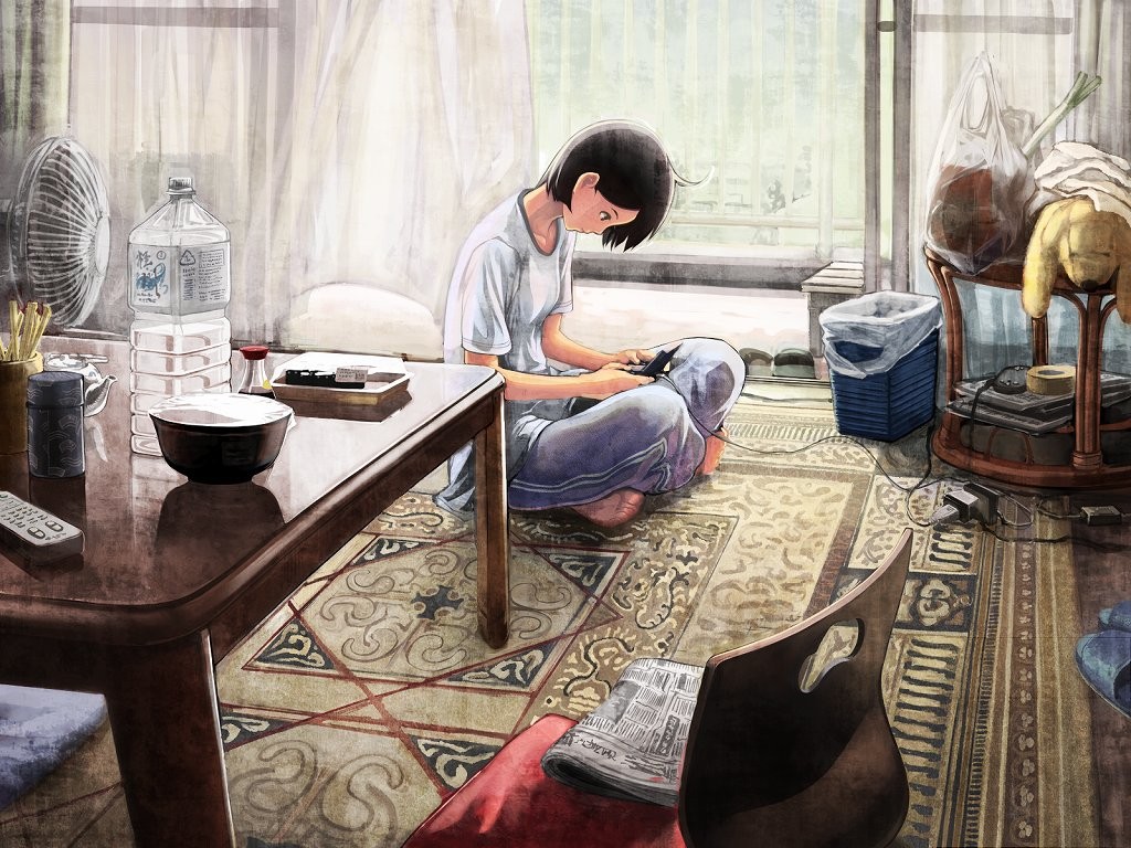 Anime girl playing video games in a room HD Wallpaper