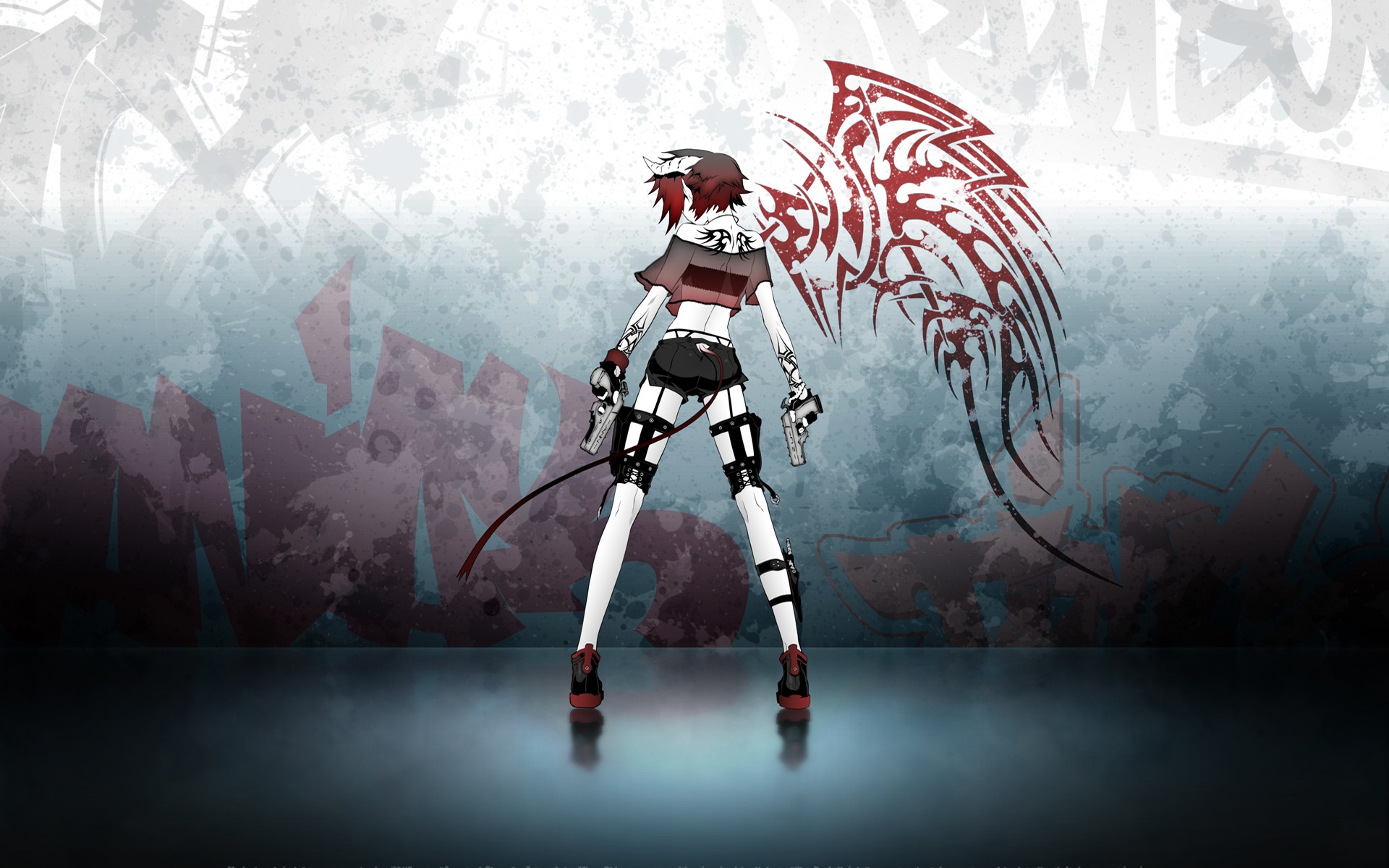Anime girl with guns and tribal wings HD Wallpaper