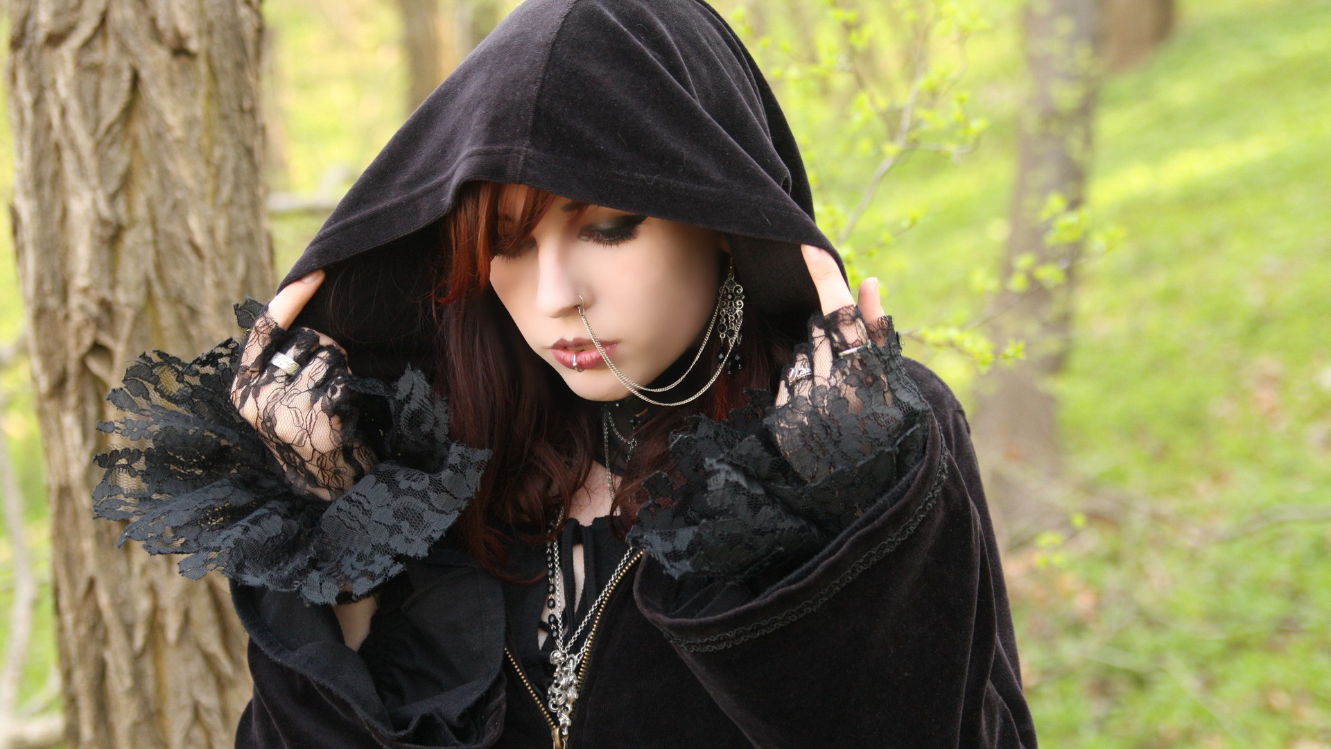 Redhead woman with gothic style and piercings outdoors HD Wallpaper