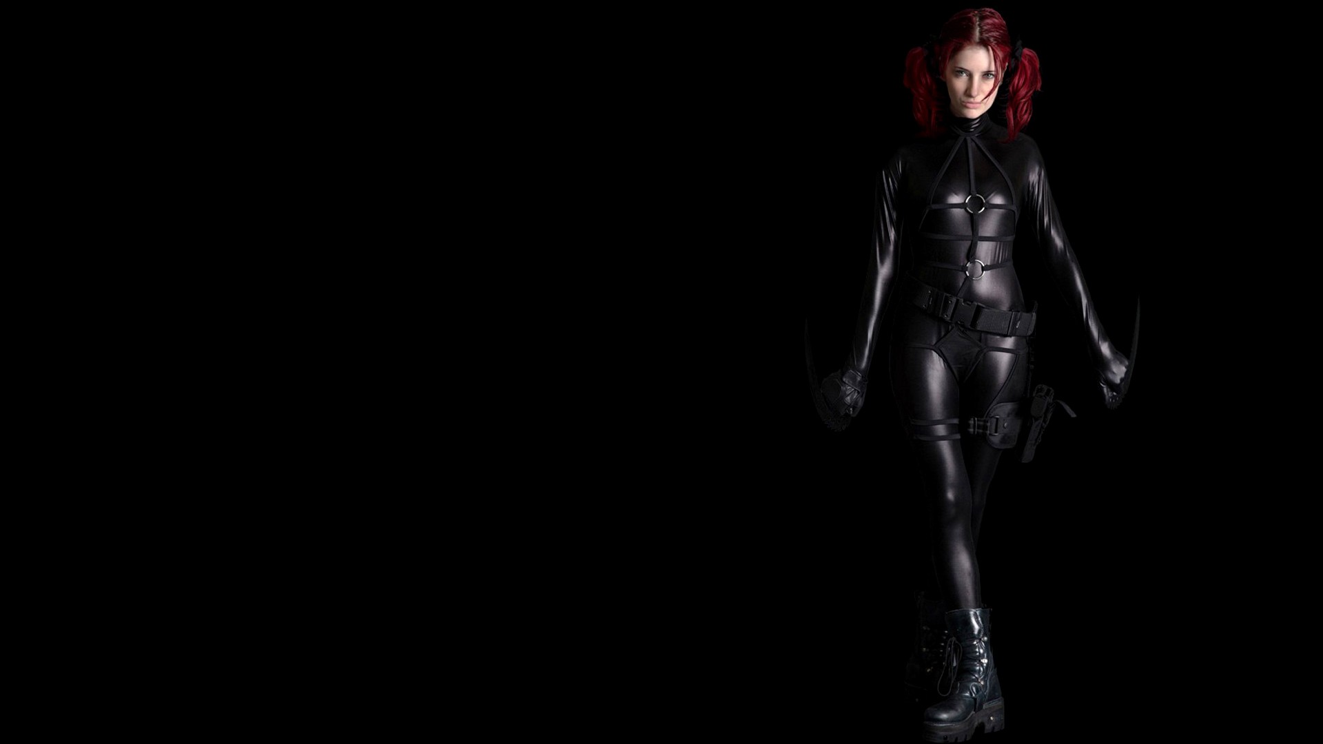 Susan Coffey in a black latex outfit with red twintails HD Wallpaper