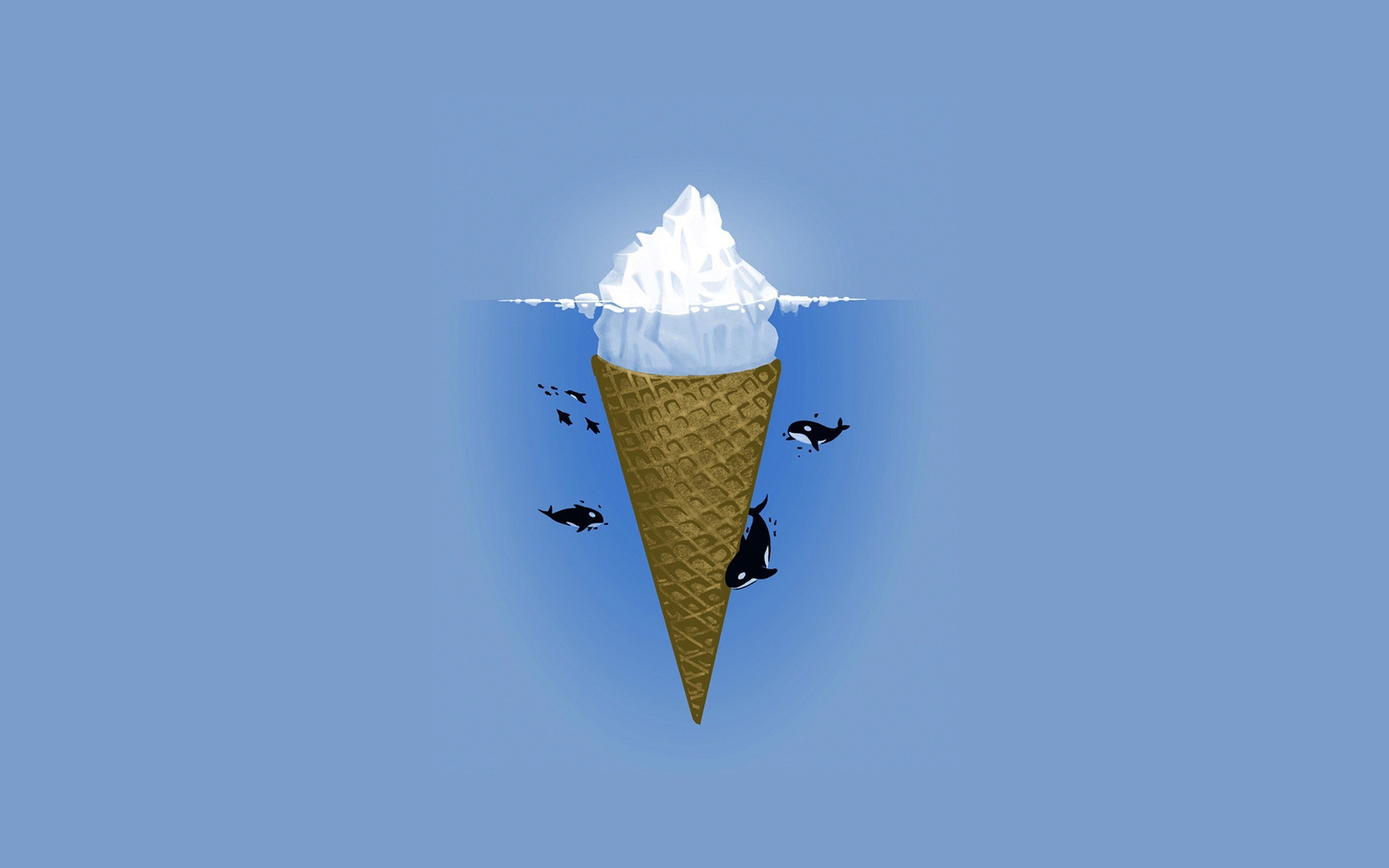 Ice cream cone iceberg with orcas and fish HD Wallpaper