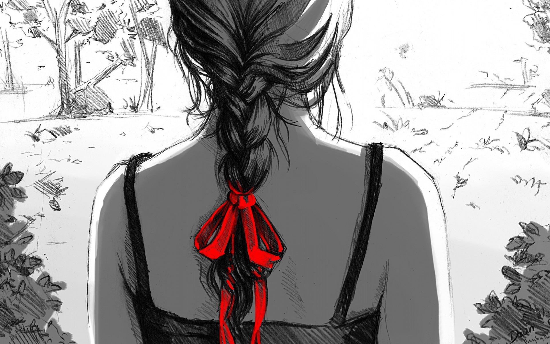 Woman with braided hair and red ribbon HD Wallpaper