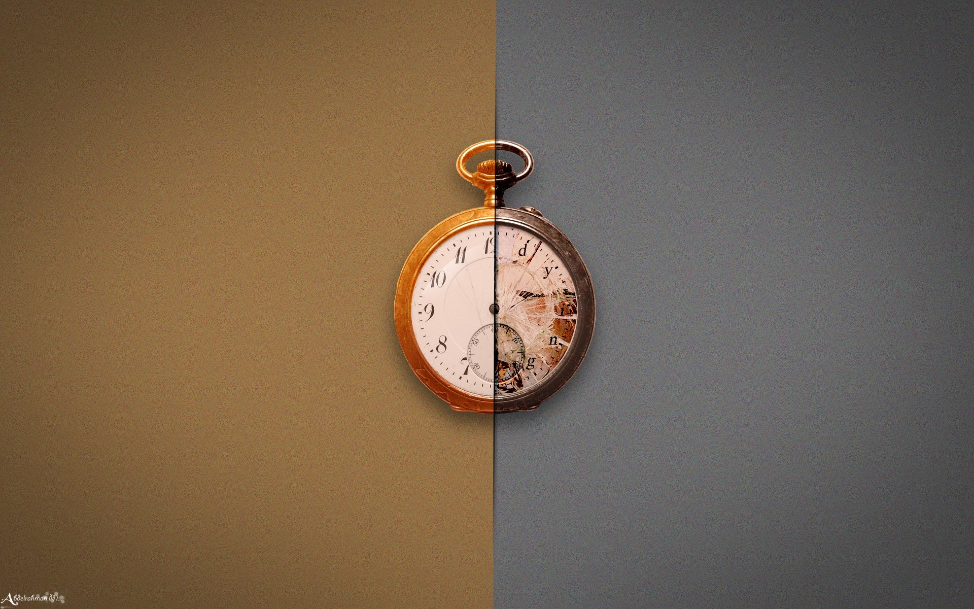 Split pocket watch on a textured background HD Wallpaper