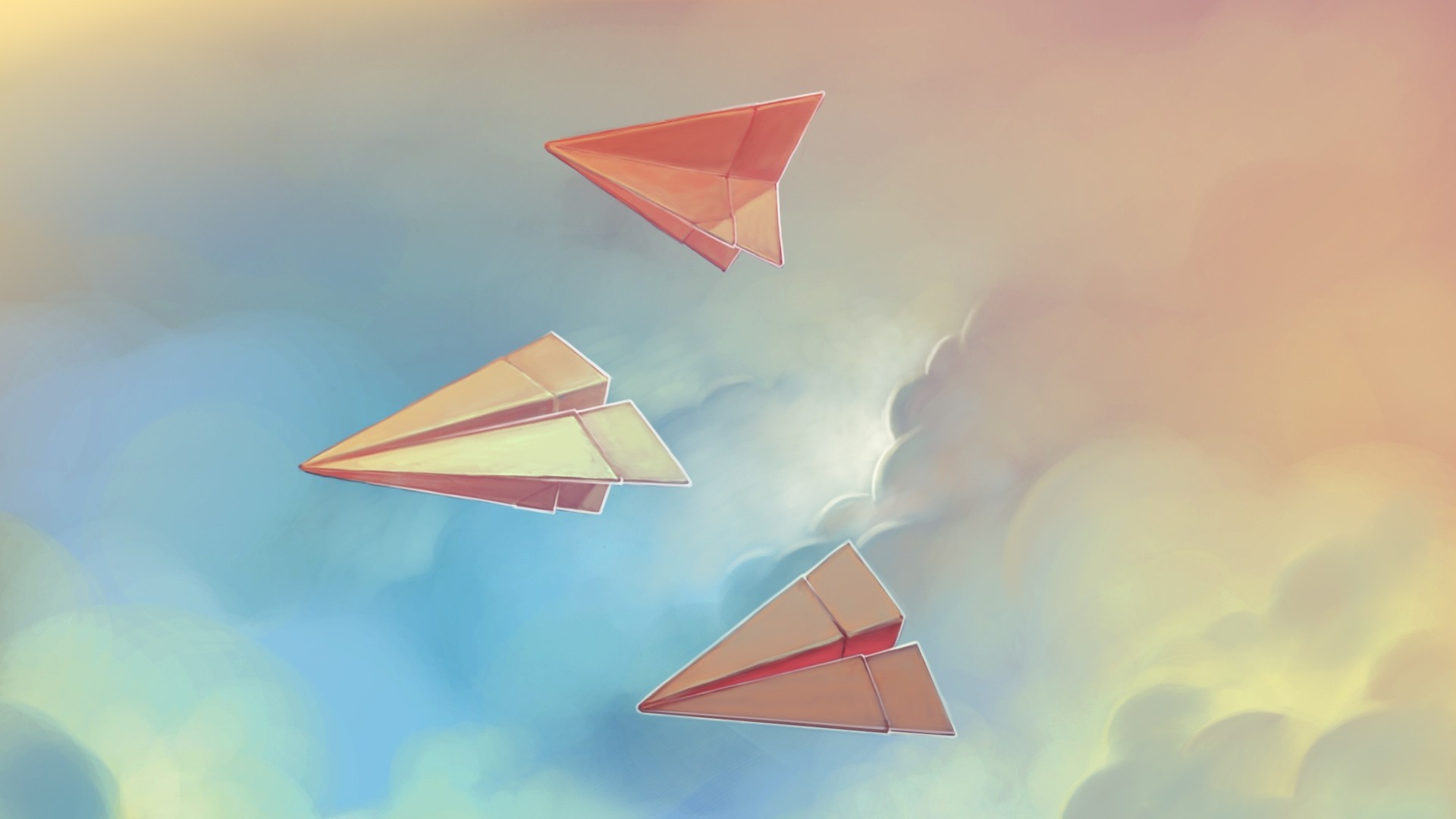 Three paper airplanes flying in a cloudy sky HD Wallpaper