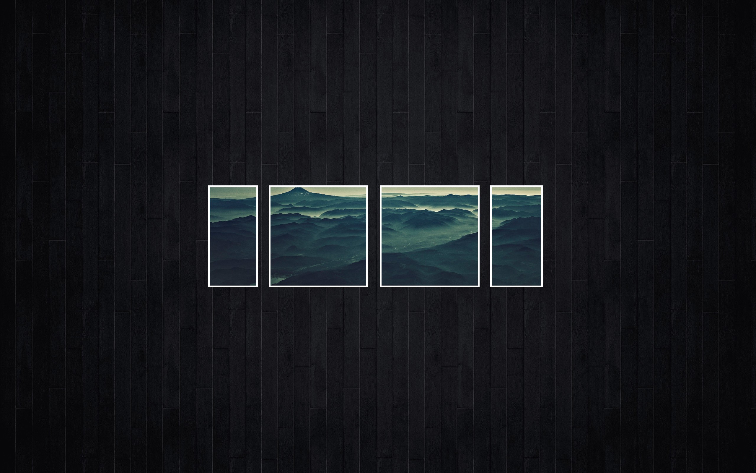 Collage of misty mountains on a dark wooden background HD Wallpaper