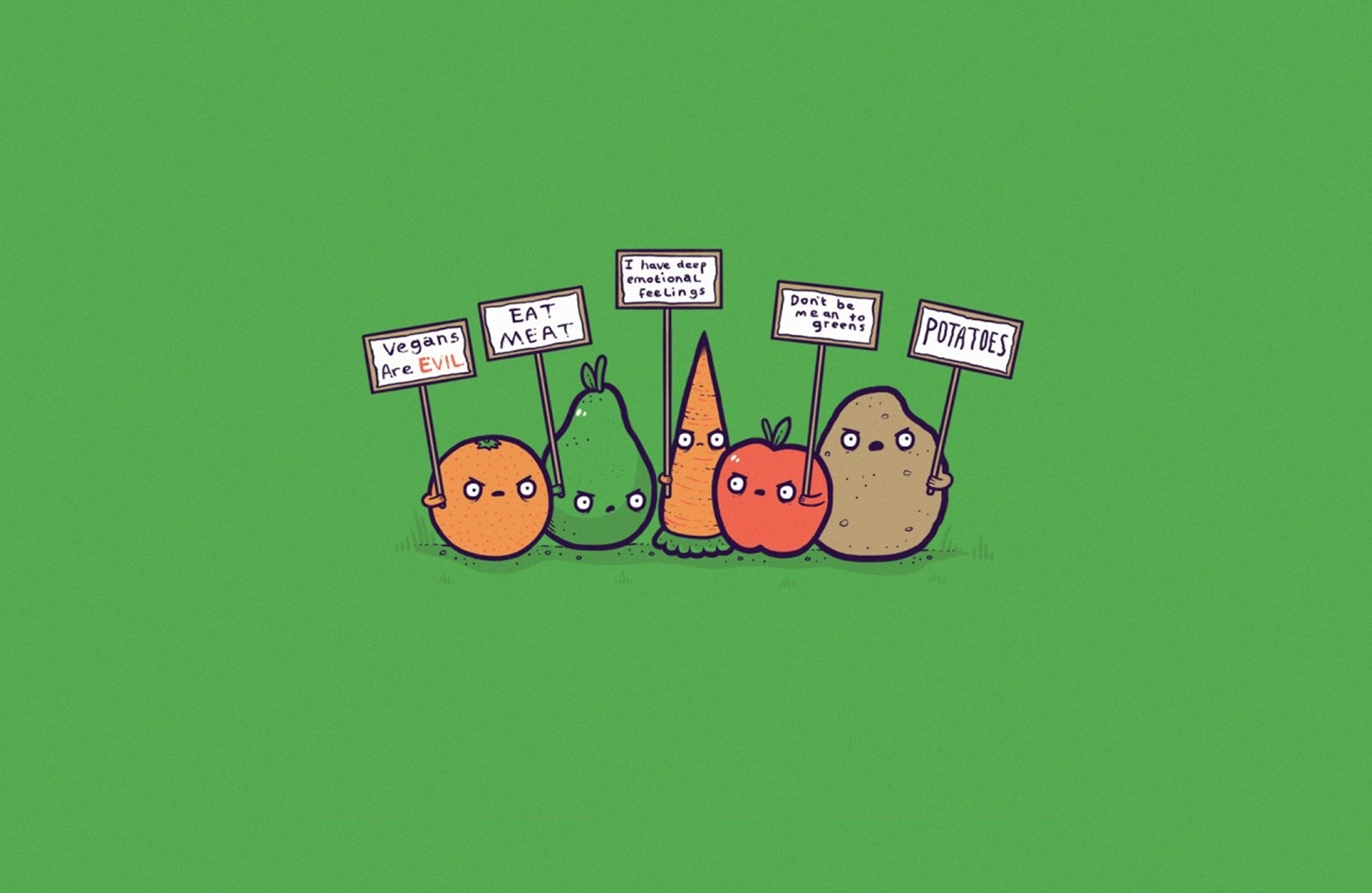 Fruits and vegetables protesting on a green background HD Wallpaper