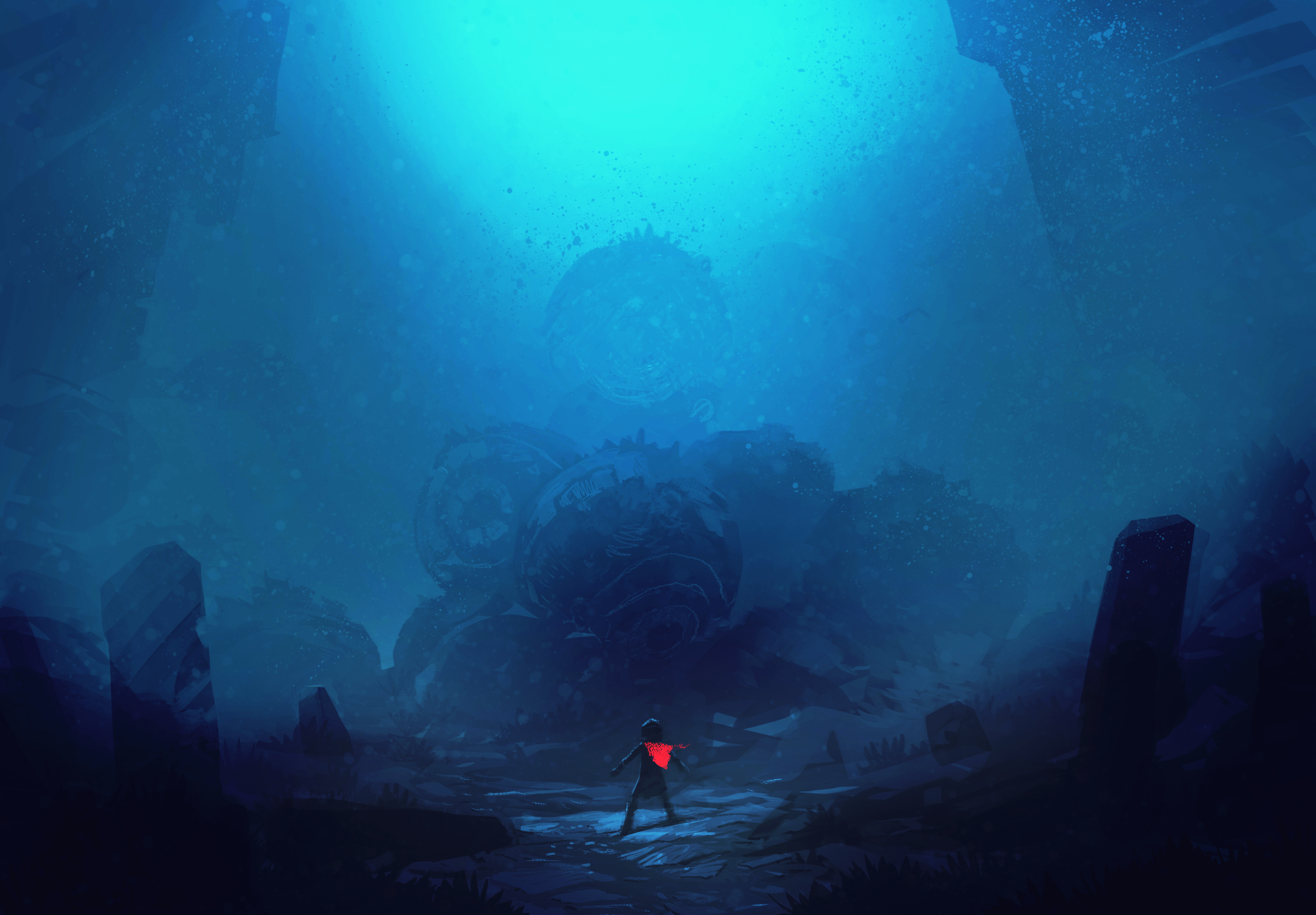 Artwork of a figure in a blue underwater environment HD Wallpaper