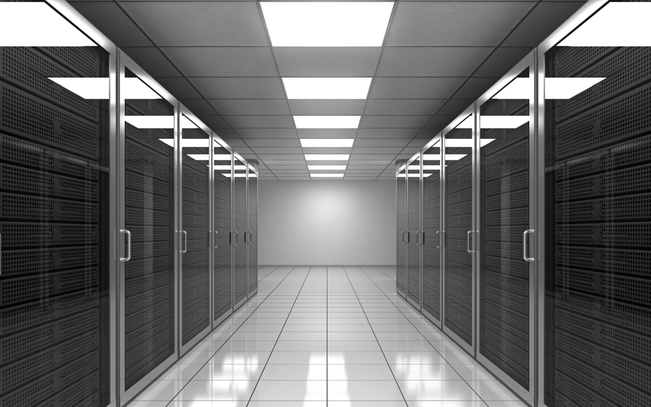 Data center with rows of servers and lights HD Wallpaper