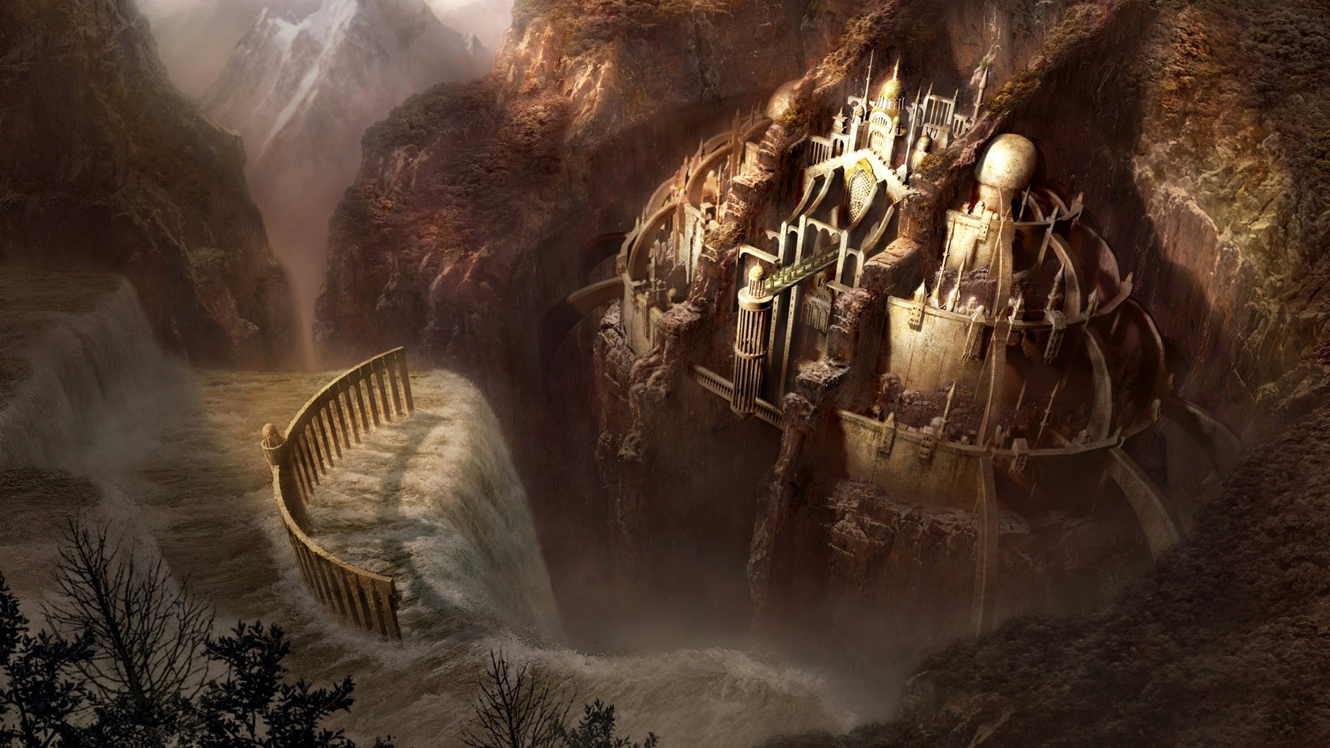 Fantasy castle on a cliffside with a waterfall HD Wallpaper