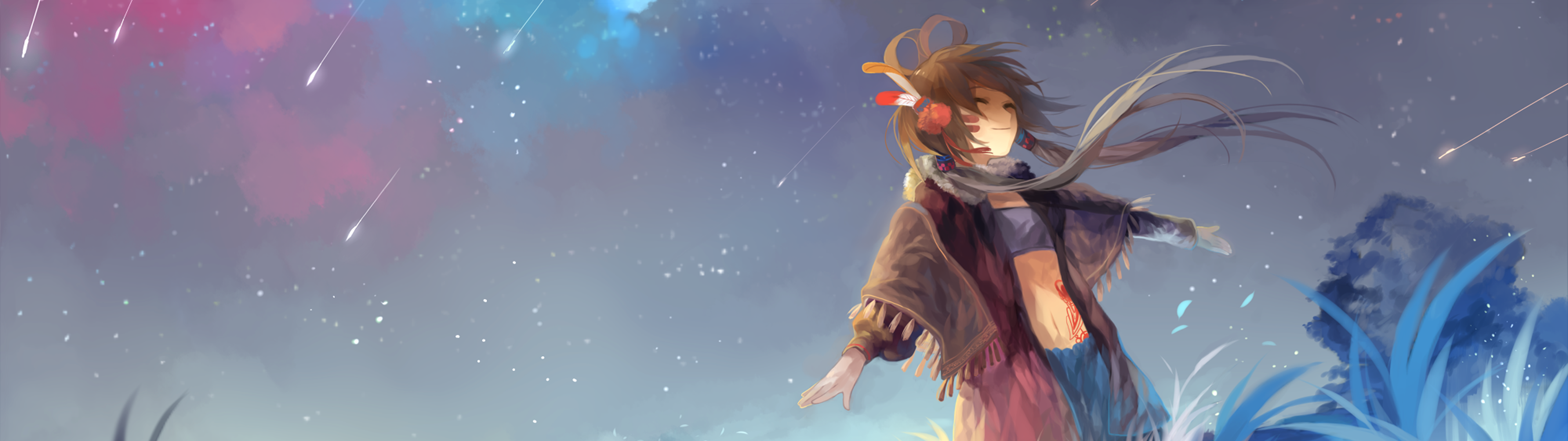 Anime girl with flowing hair under a starry sky HD Wallpaper