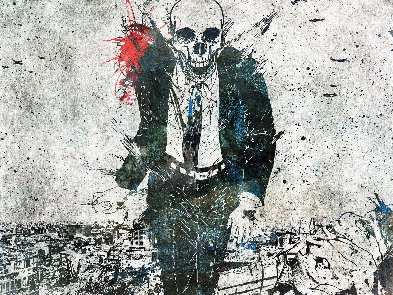 Artwork by Alex Cherry featuring a skull in a suit over a city HD Wallpaper