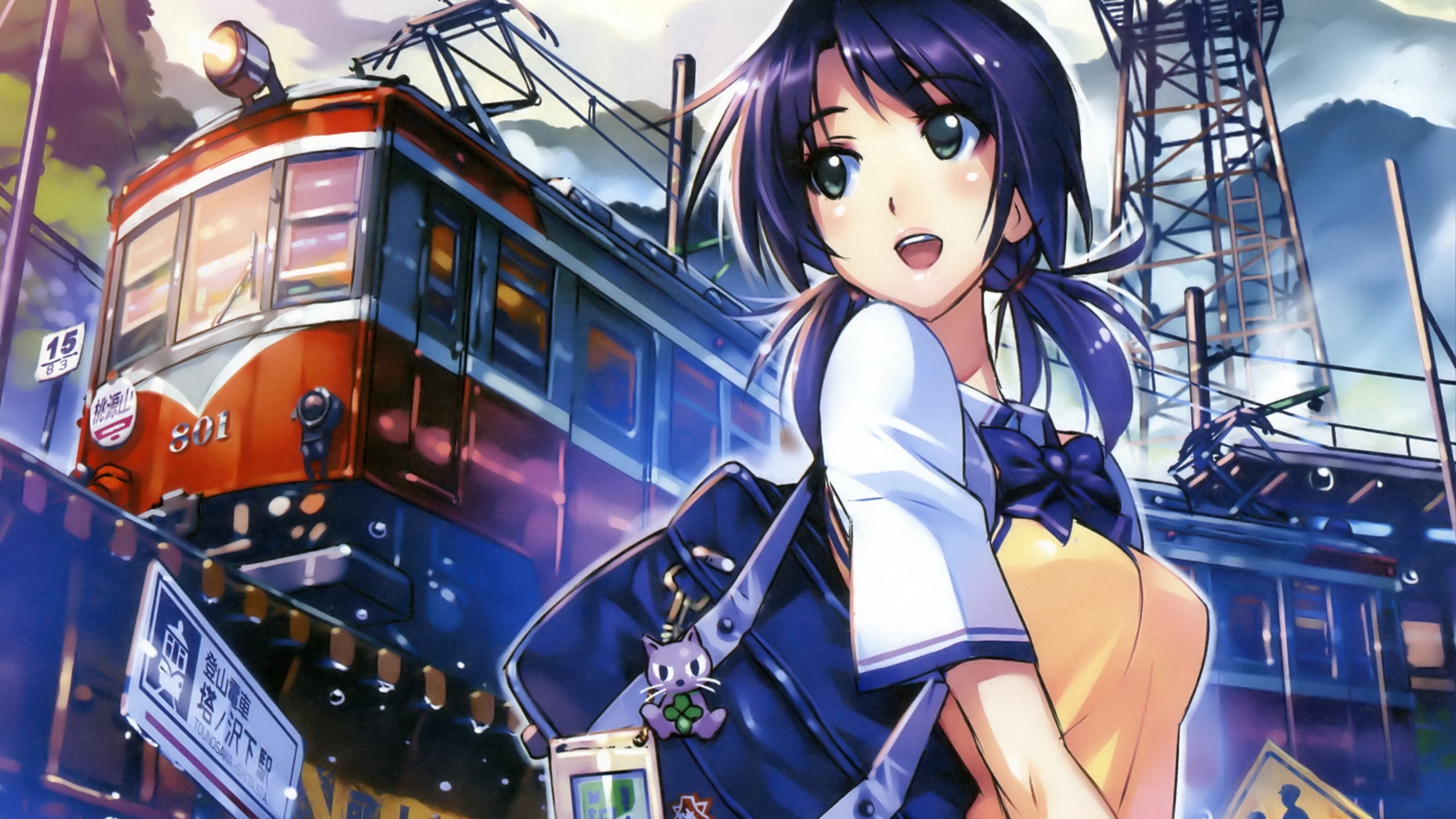 Anime girl with a backpack and a train HD Wallpaper