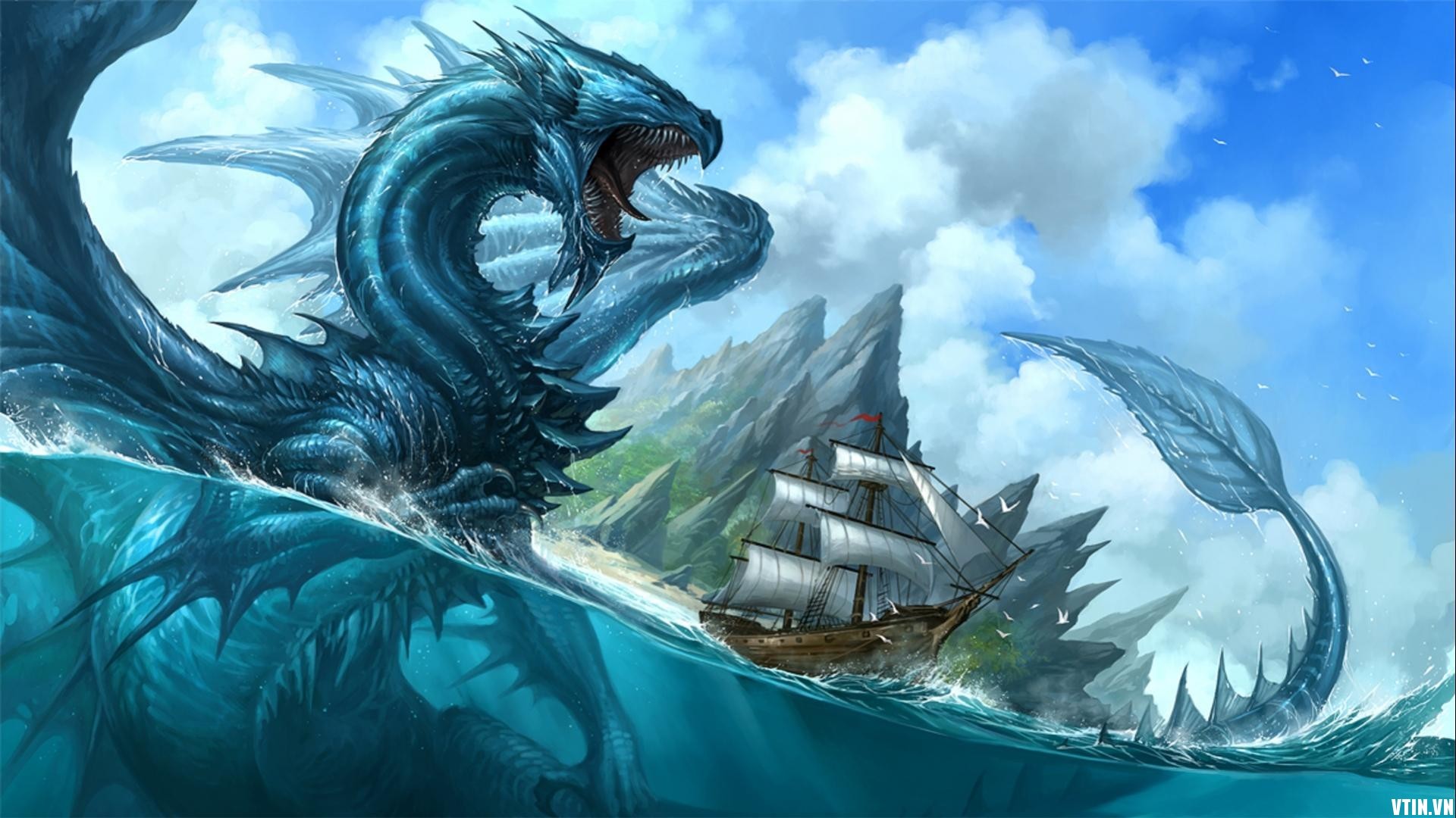 Dragon attacking a sailing ship near islands HD Wallpaper