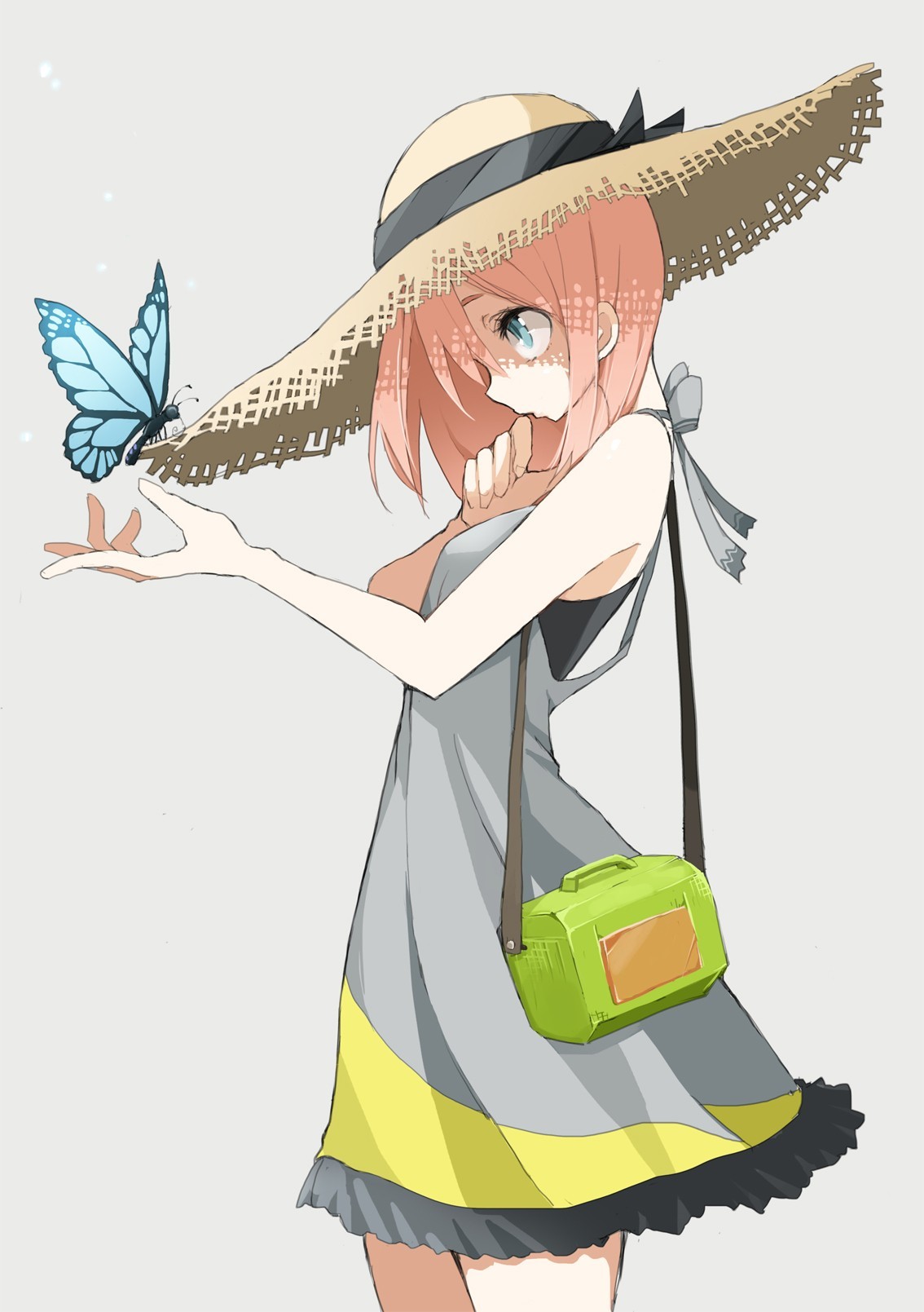 Anime girl with pink hair and a straw hat holding a butterfly HD Wallpaper