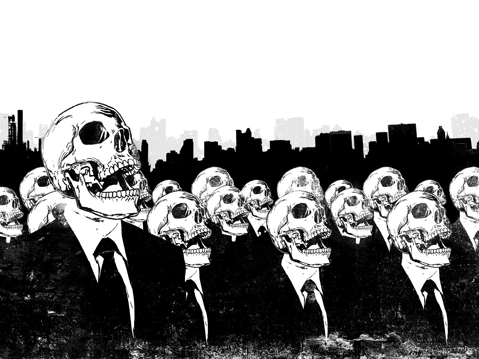 Alex Cherry's monochrome artwork of skulls in suits against a cityscape HD Wallpaper