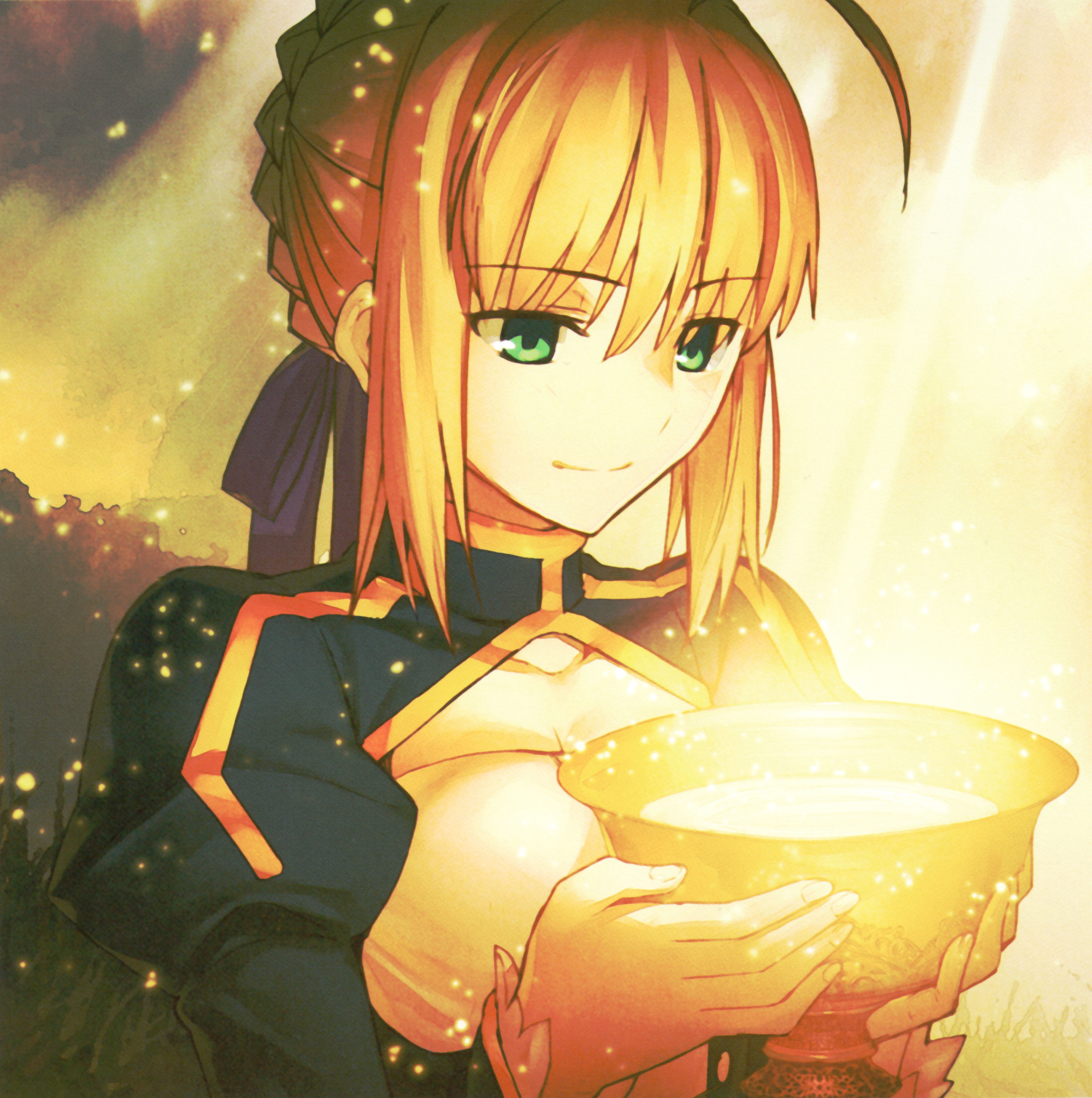 Saber holding a glowing chalice HD Wallpaper