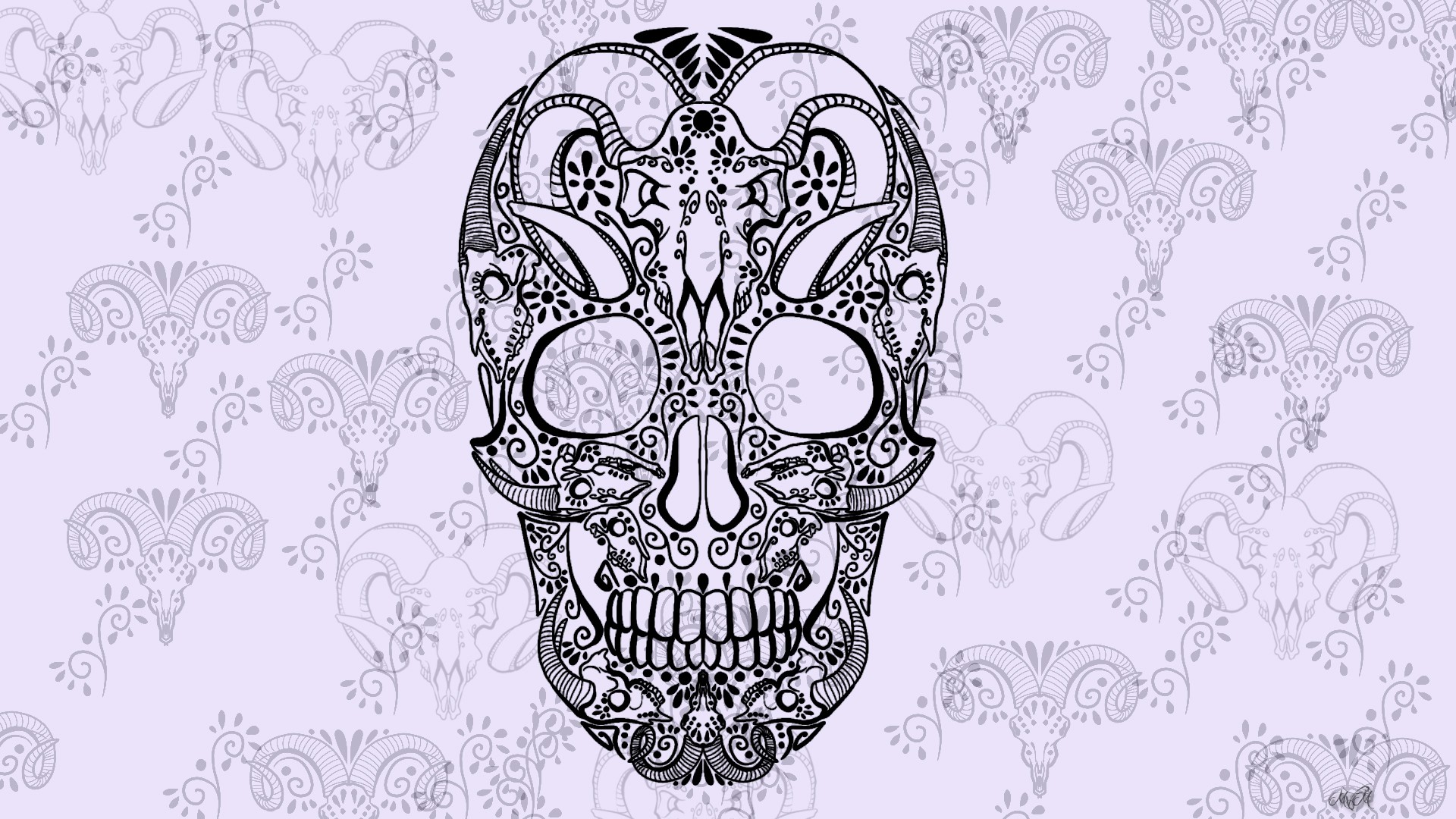 Ornate skull pattern with ram skulls HD Wallpaper