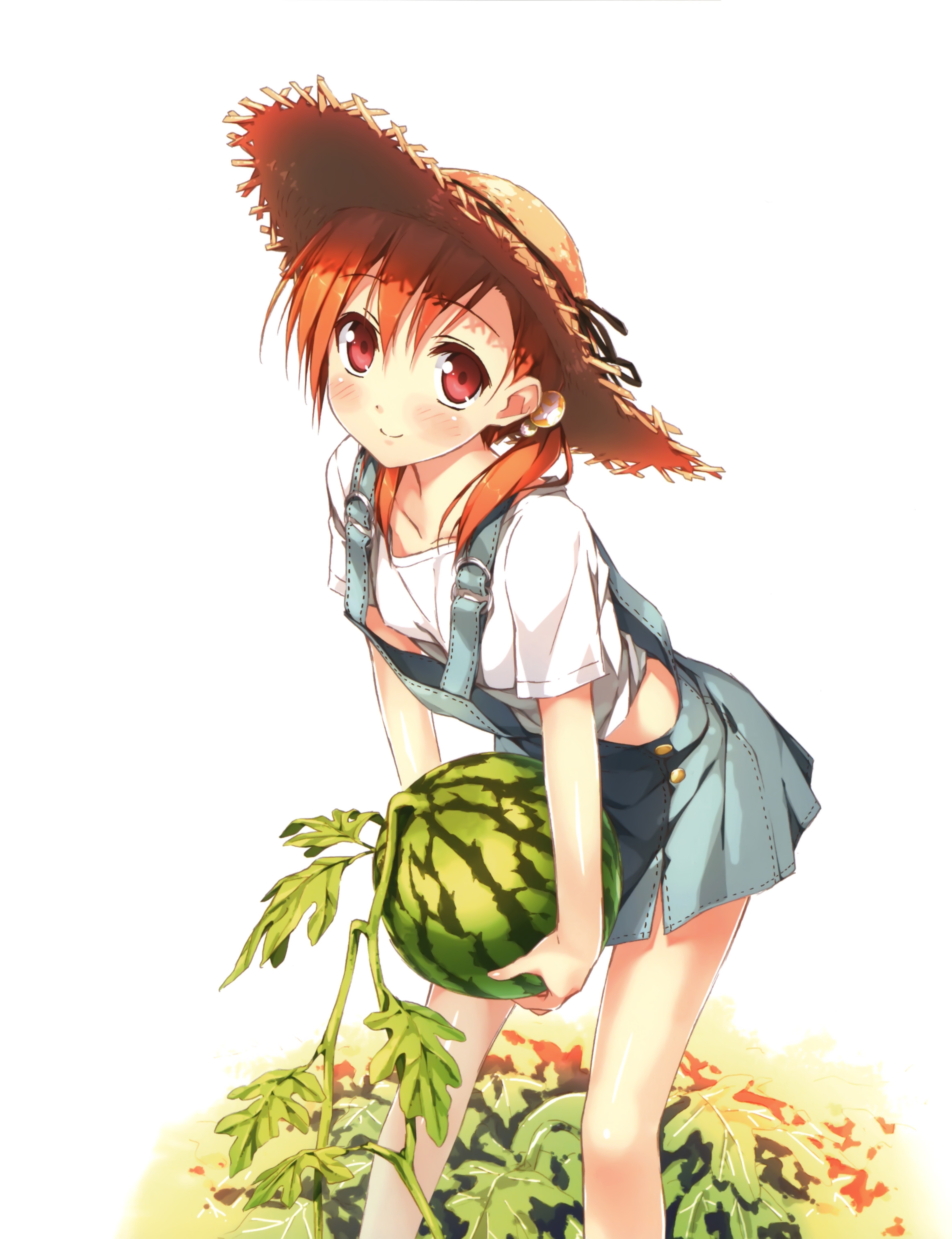 Anime girl with straw hat holding watermelon HD Wallpaper