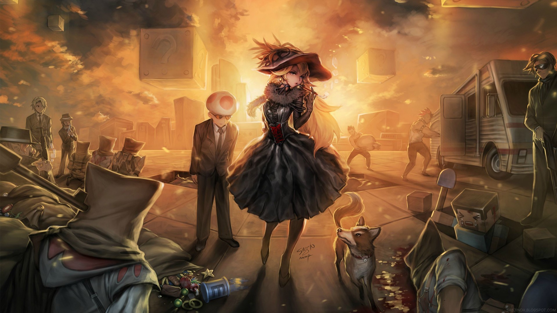 Princess Peach and Toad in a post-apocalyptic video game scene HD Wallpaper