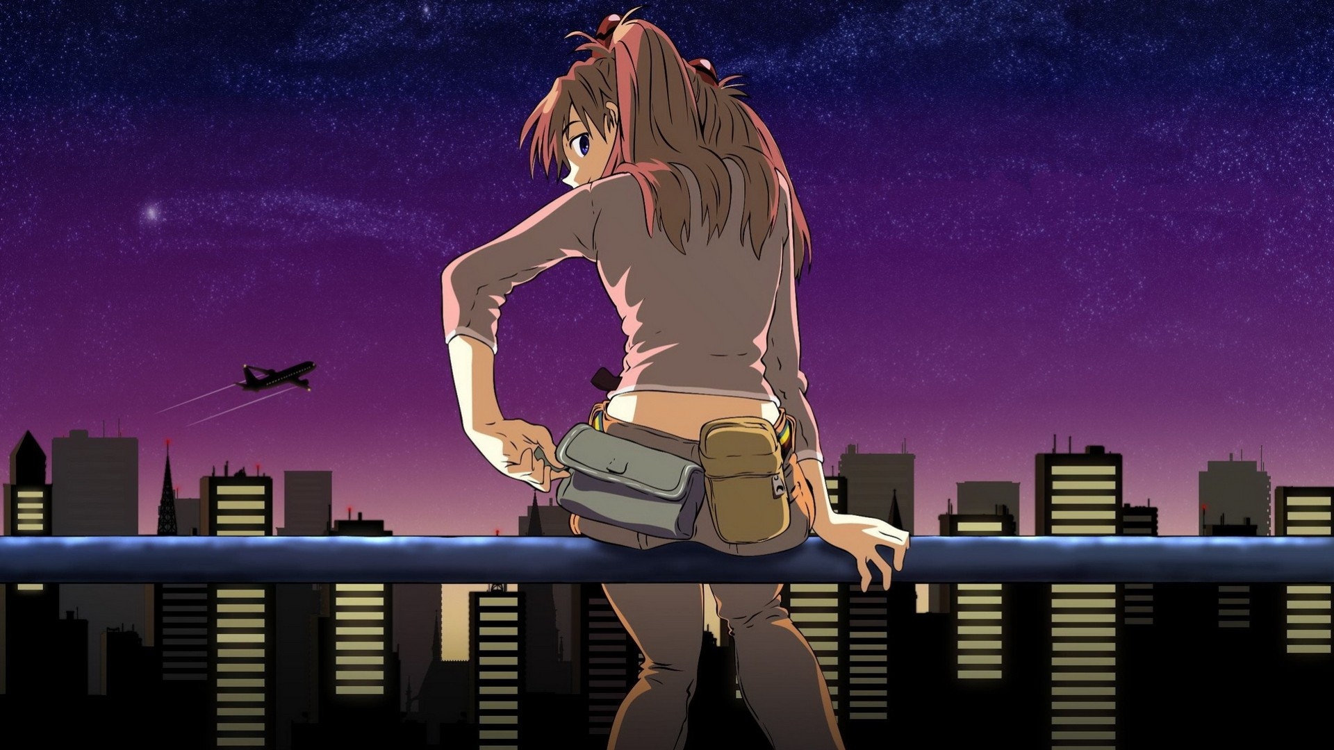 Asuka Langley Soryu sitting on a rooftop at night HD Wallpaper