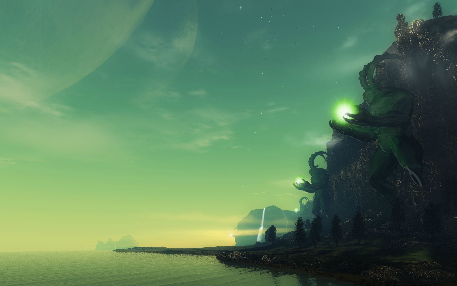Fantasy landscape with giant statues and a planet HD Wallpaper