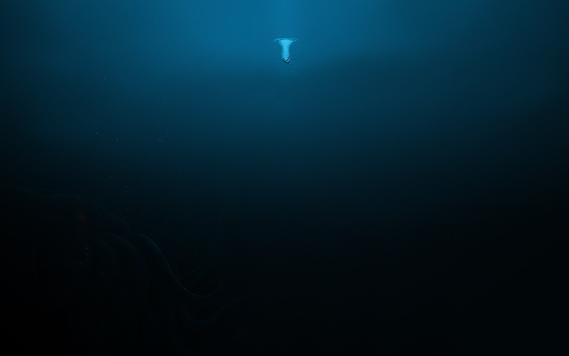 Underwater scene with a diver and a kraken HD Wallpaper