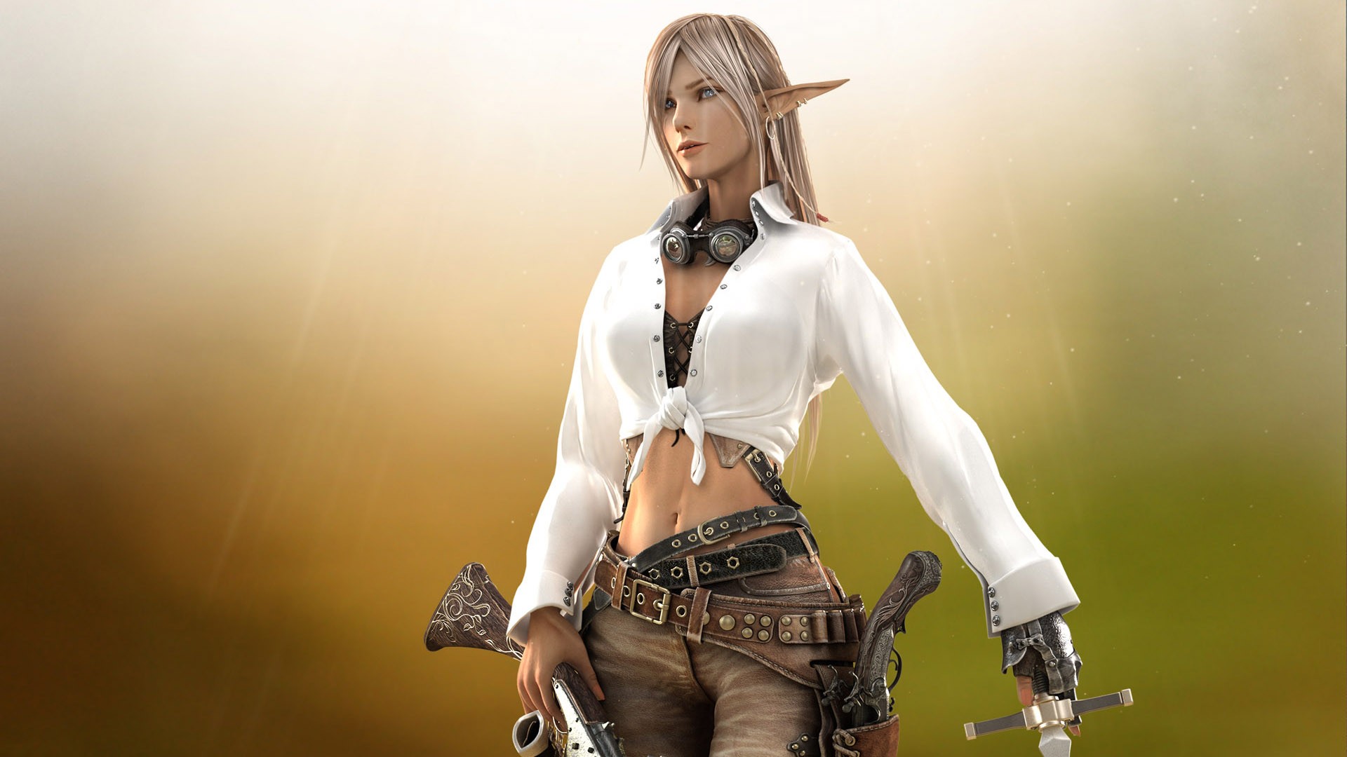 Fantasy art of an elf woman with weapons HD Wallpaper