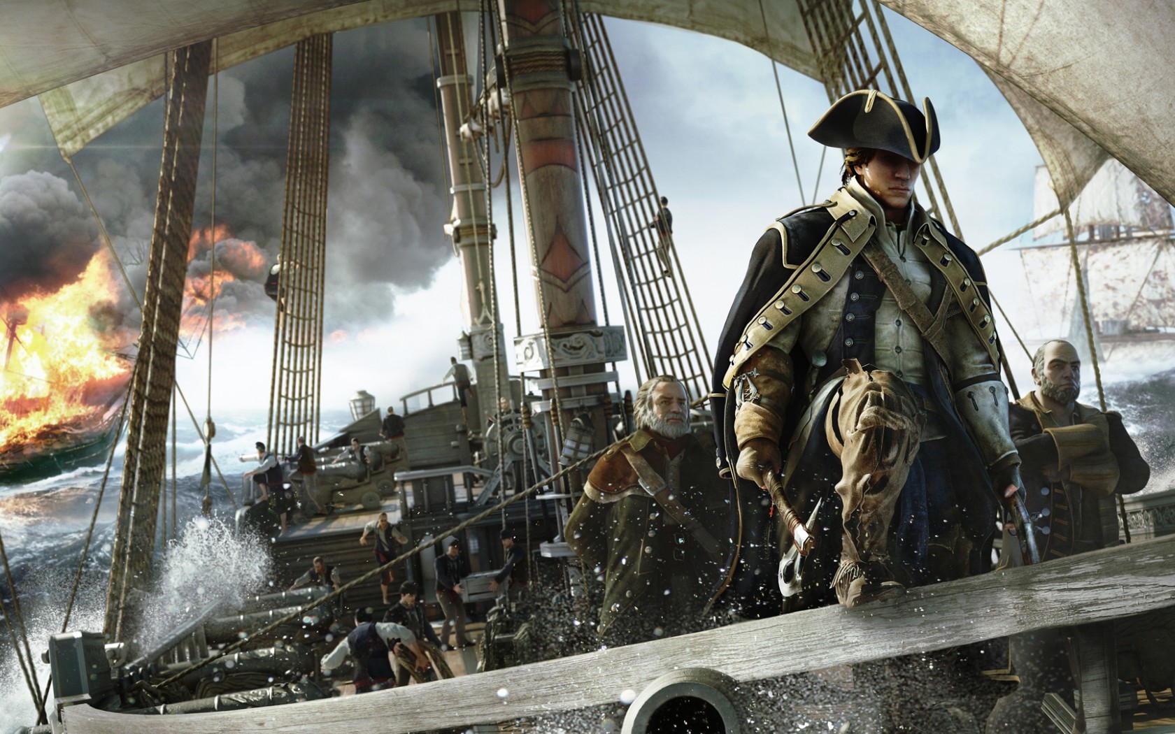 Assassin's Creed III naval battle with burning ship HD Wallpaper
