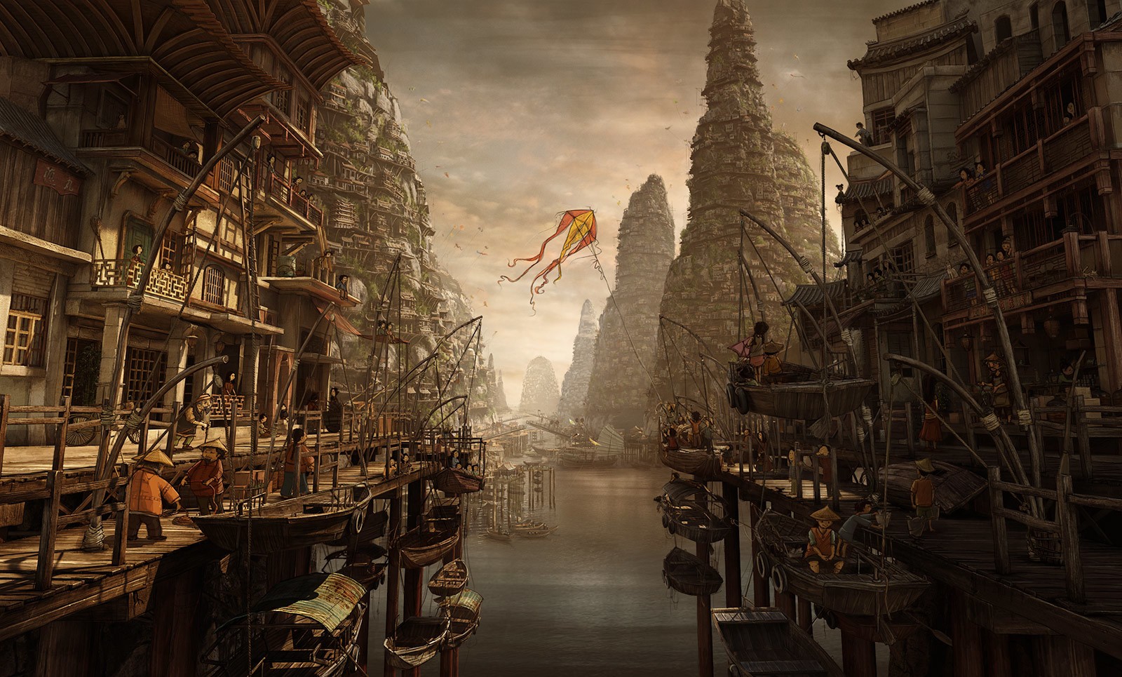 Fantasy city with a kite flying over a canal HD Wallpaper