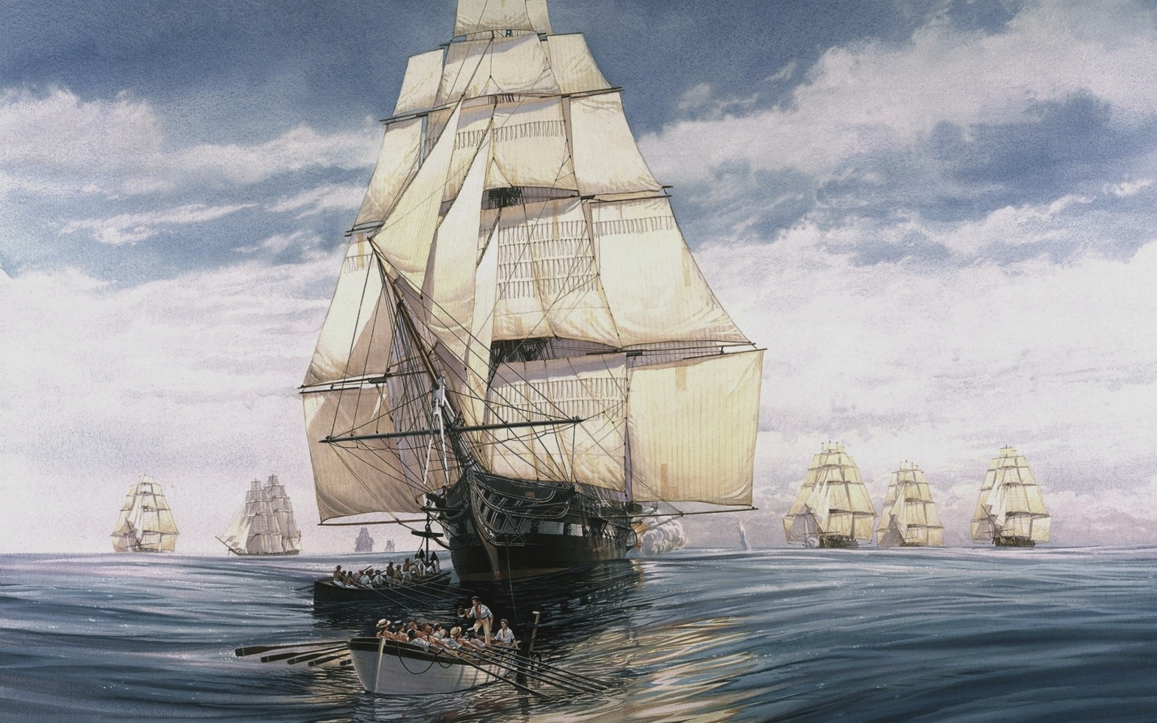 Painting of frigates sailing on the ocean with a rowboat HD Wallpaper