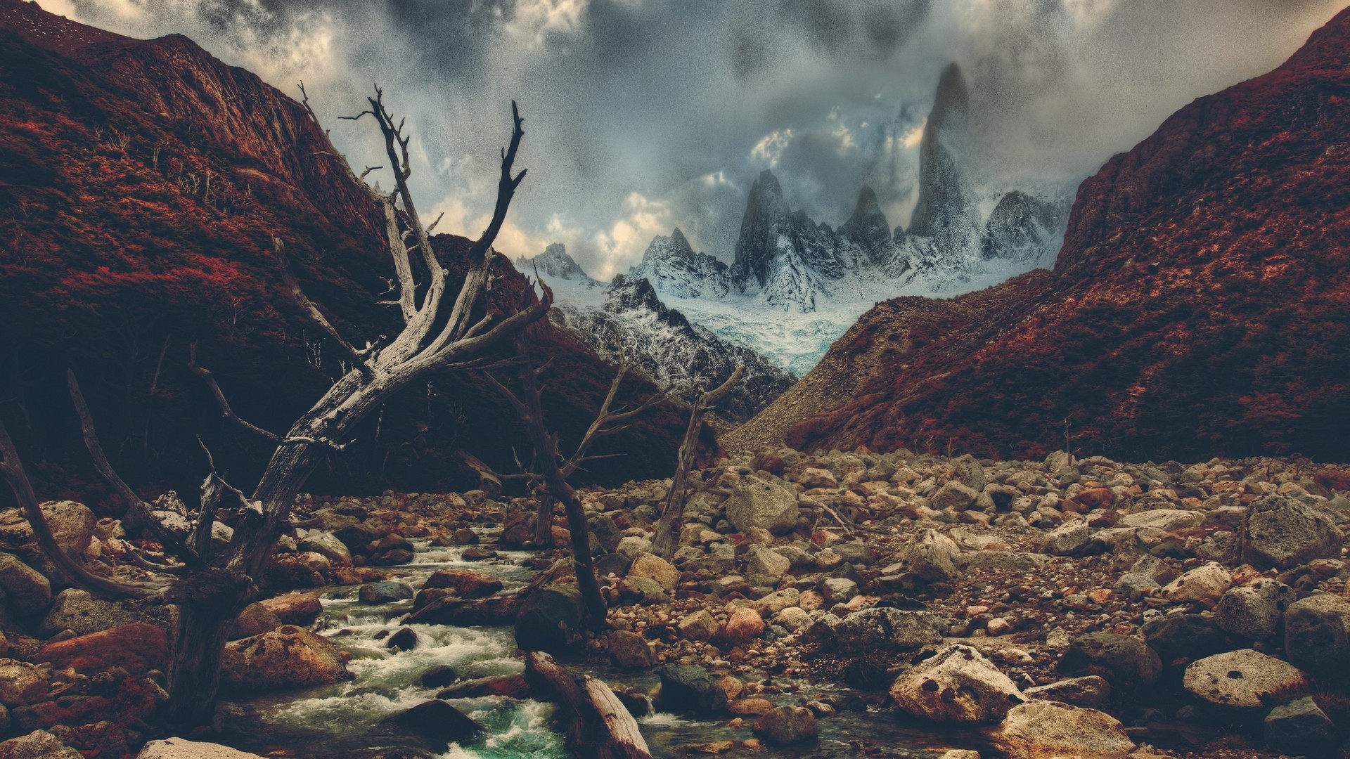 Rocky mountain landscape with dead trees and river HD Wallpaper