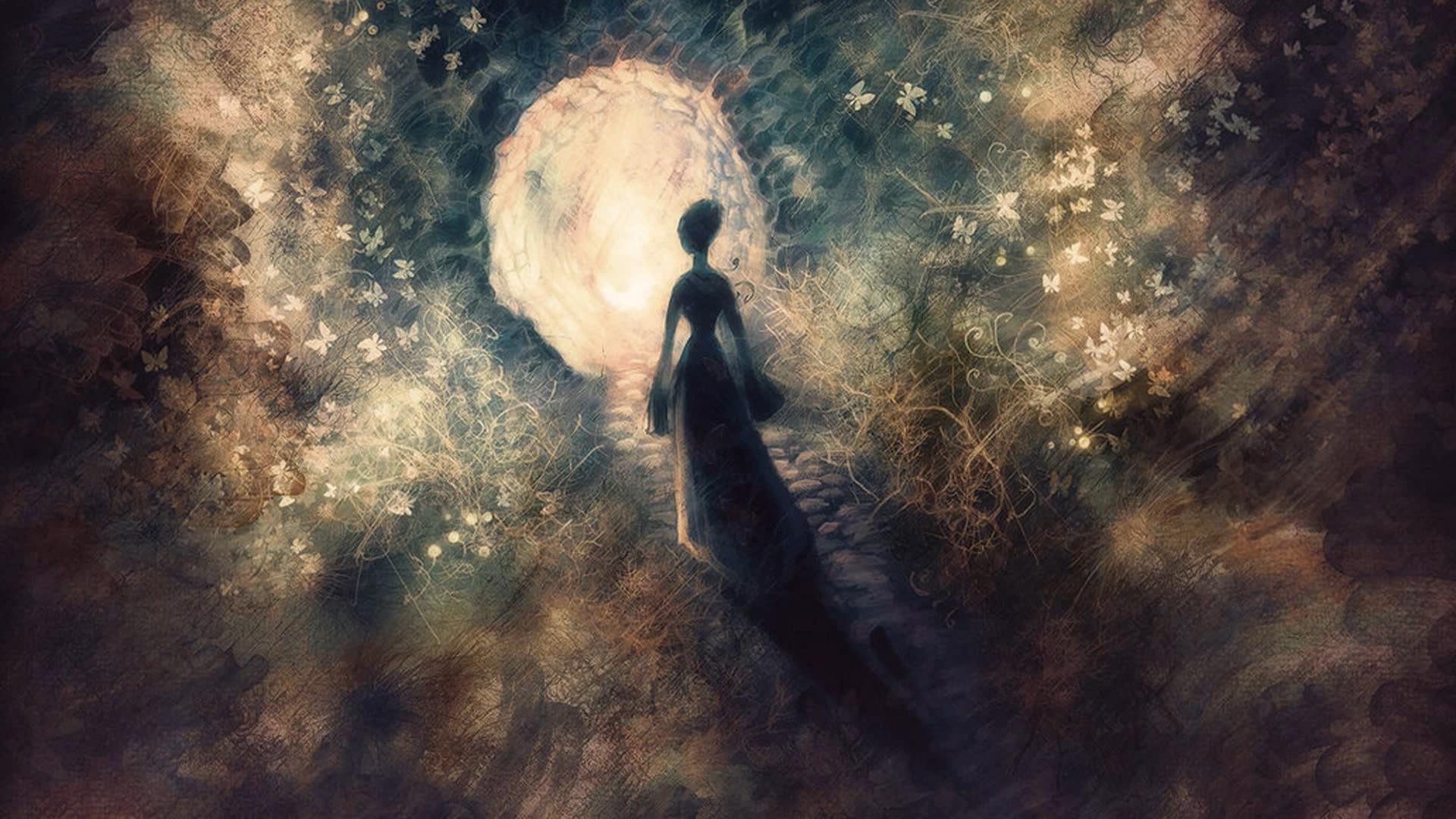 Woman walking towards a glowing portal in a fantasy forest HD Wallpaper