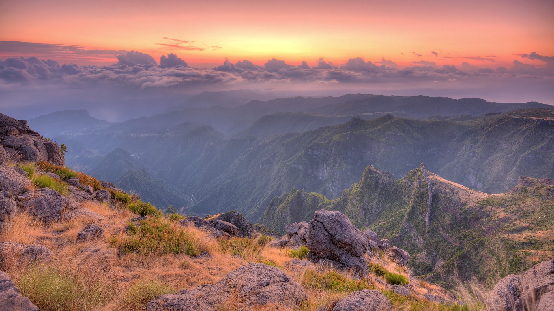 Mountain landscape at sunset with clouds and sky HD Wallpaper