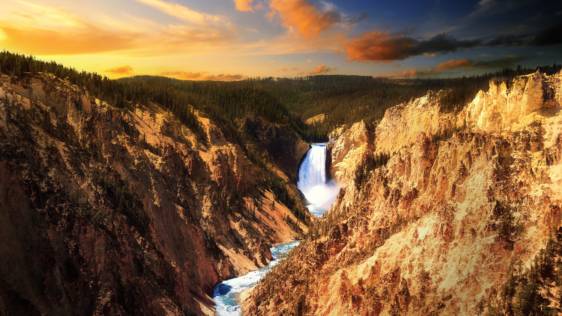 Yellowstone National Park Waterfall at Sunset HD Wallpaper
