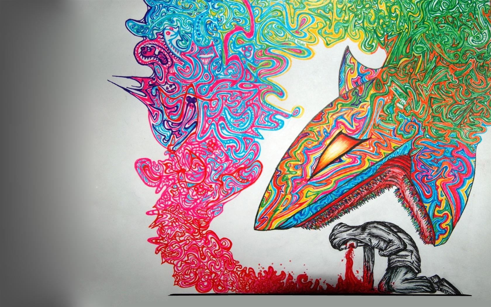 Psychedelic artwork of a shark attacking a person HD Wallpaper