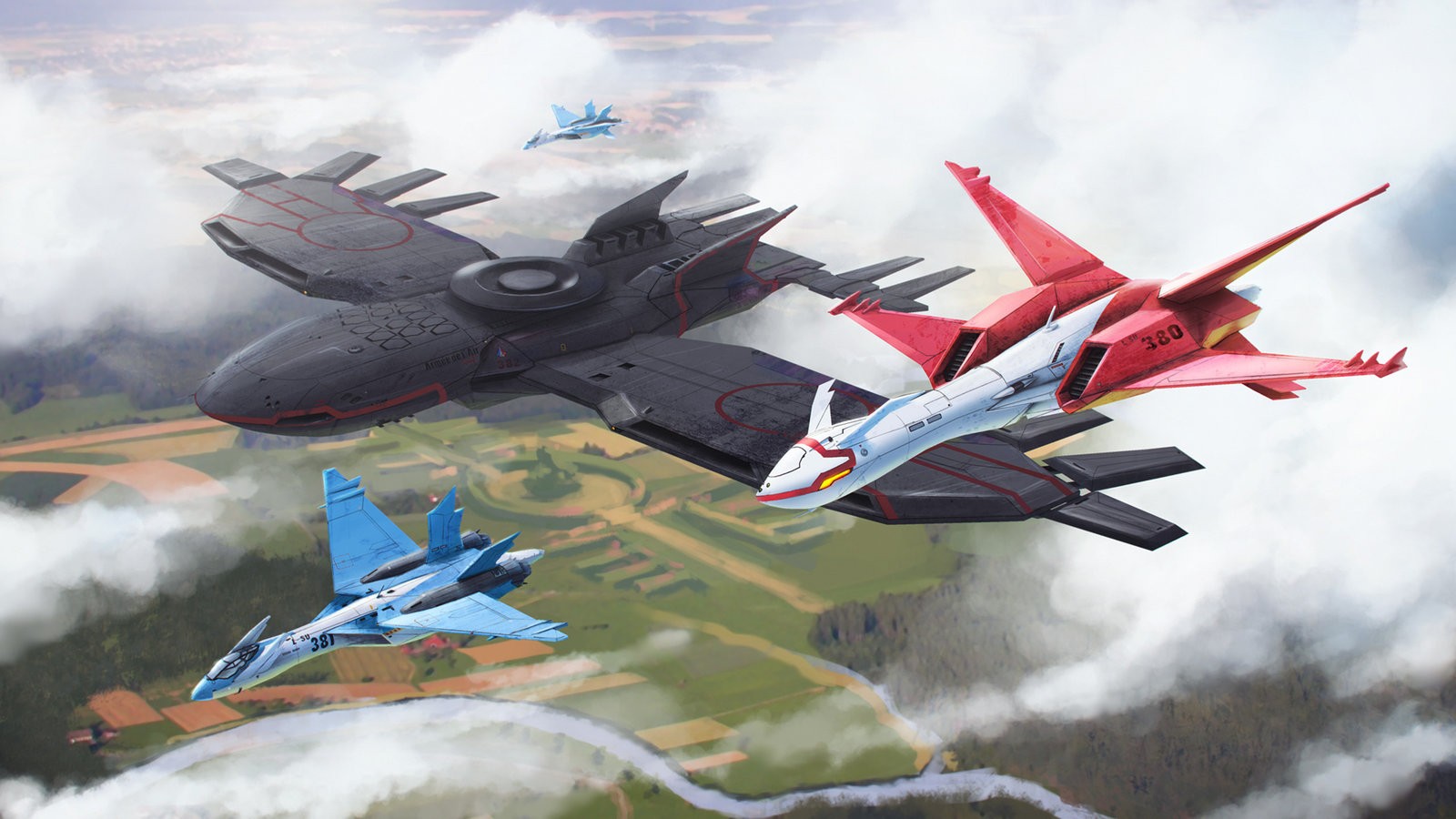 Ace Combat jets flying over a landscape HD Wallpaper