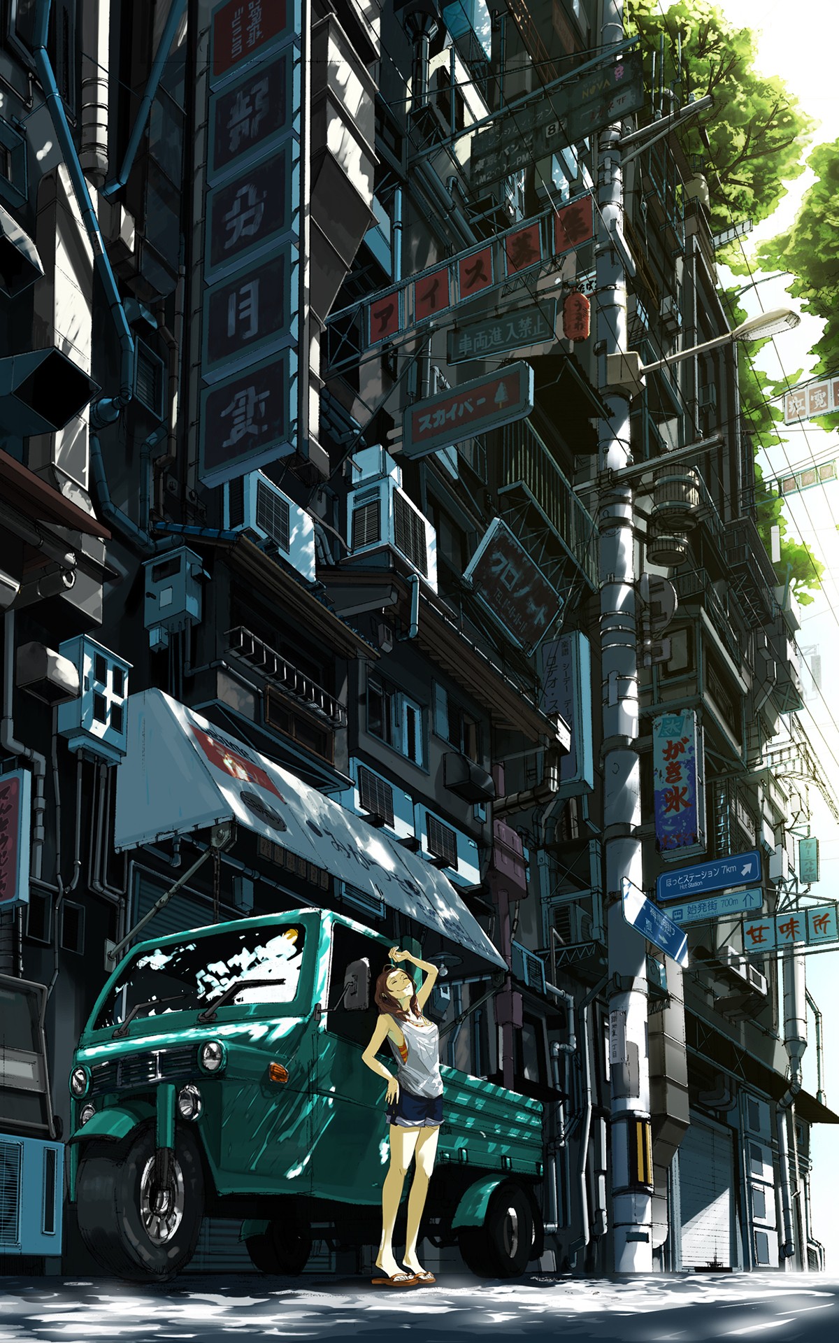 Anime girl standing next to a green truck in a city HD Wallpaper