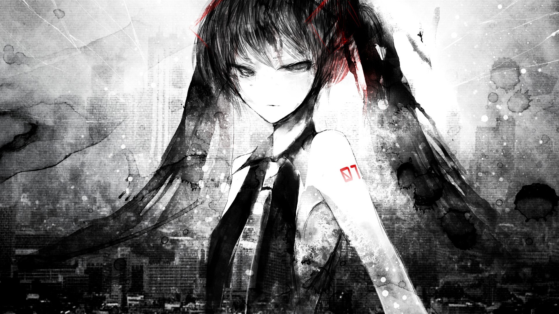 Hatsune Miku in a grayscale anime style with red accents HD Wallpaper